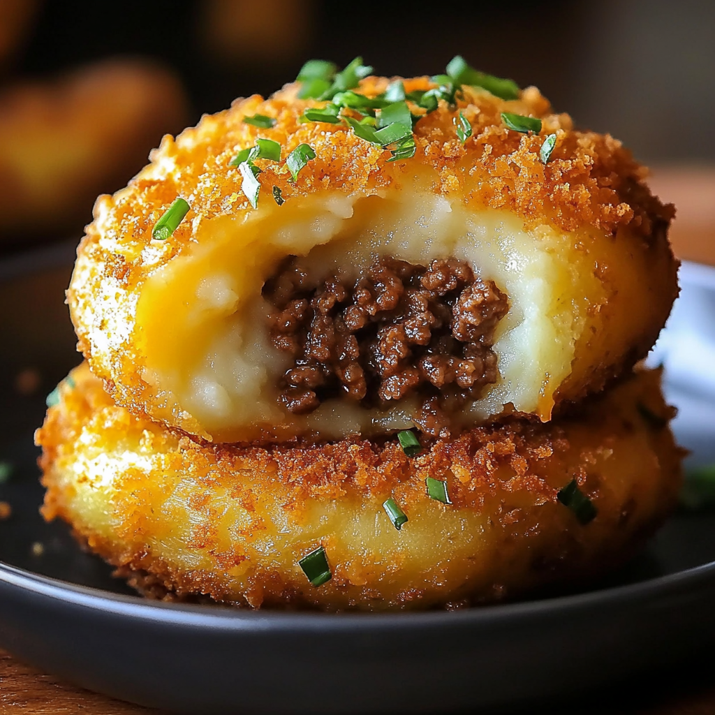 Cheesy Ground Beef-Stuffed Crispy Mashed Potatoes