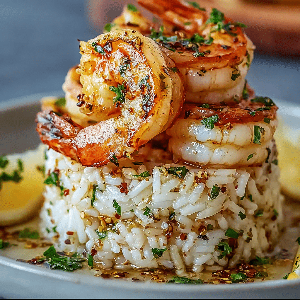 Garlic Butter Shrimp and Rice Stack
