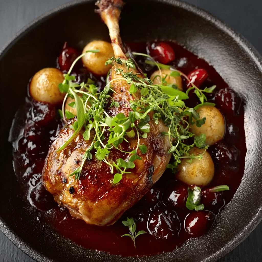 Duck Confit with Cherry Reduction