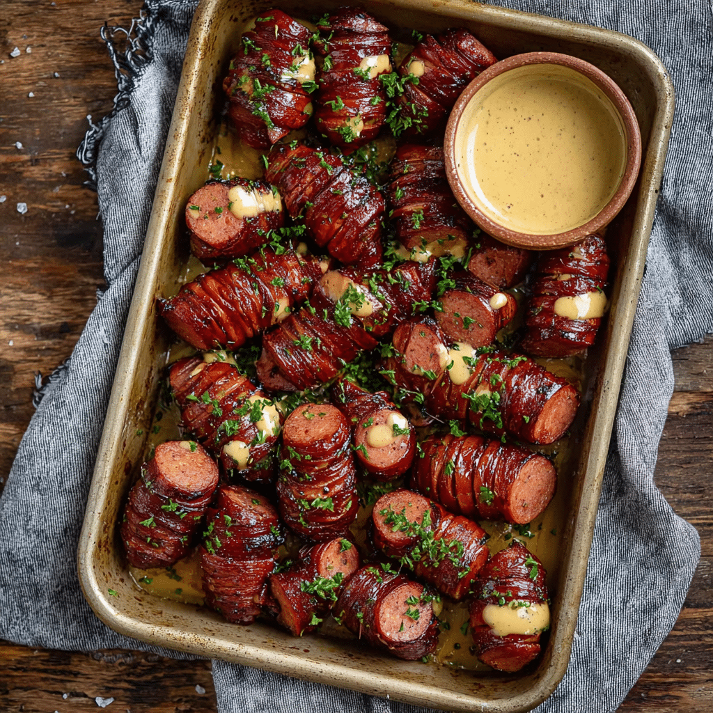 Mustard Hasselback Kielbasa Bites