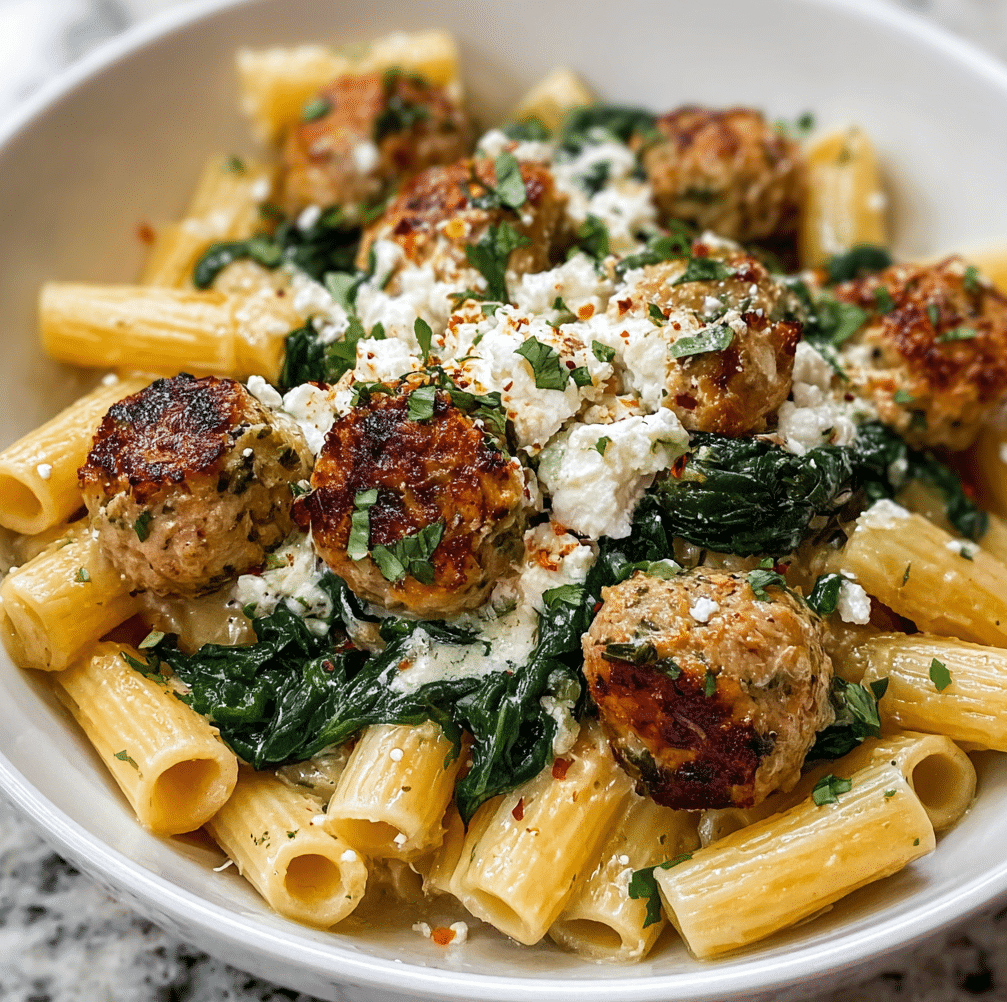 Turkey & Ricotta Meatballs with Garlic Spinach Rigatoni