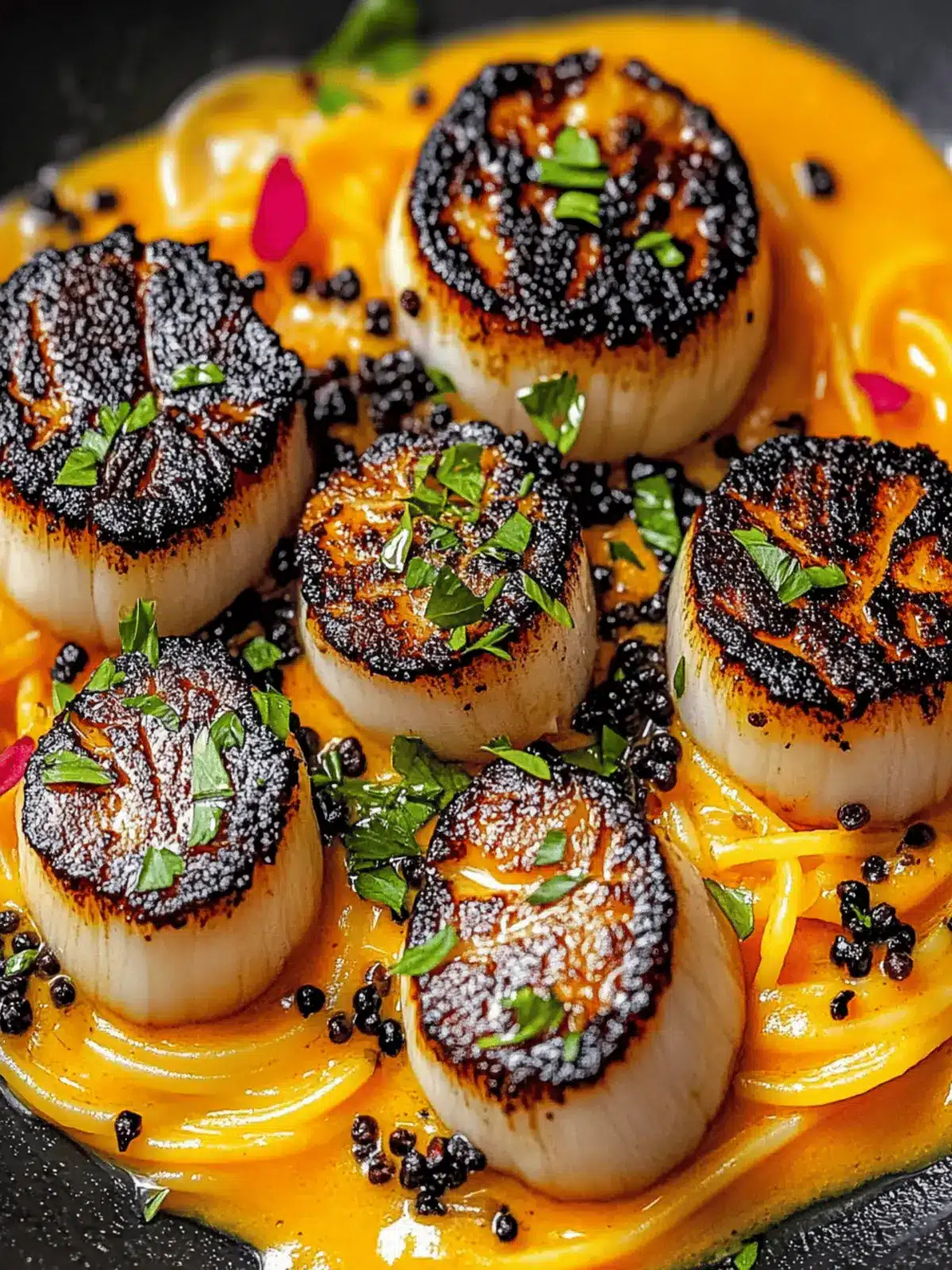 Black Linguine with Seared Scallops and Pumpkin-Orange Saffron Sauce