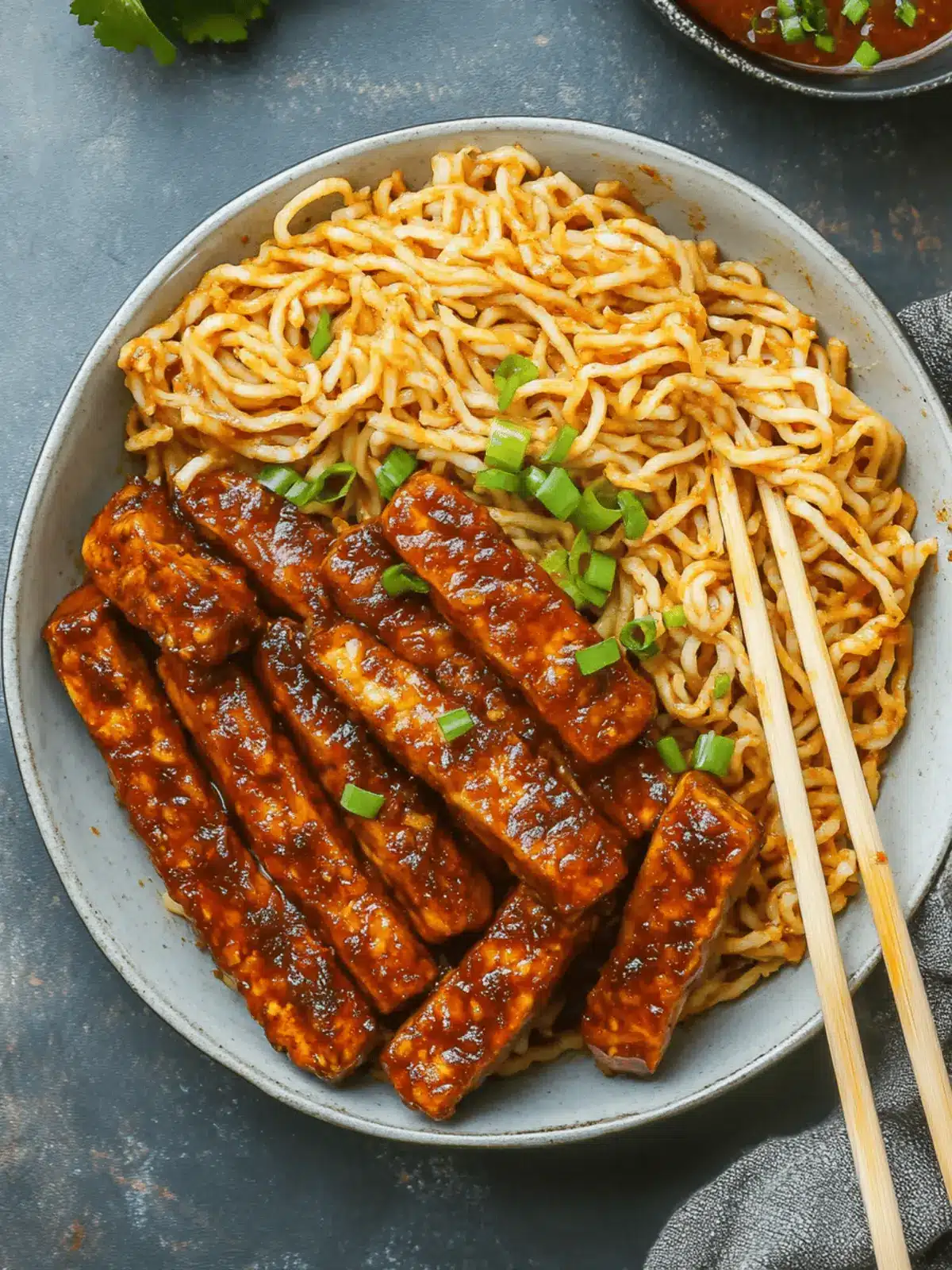 Sweet and Spicy Tempeh with Garlic Curry Noodles