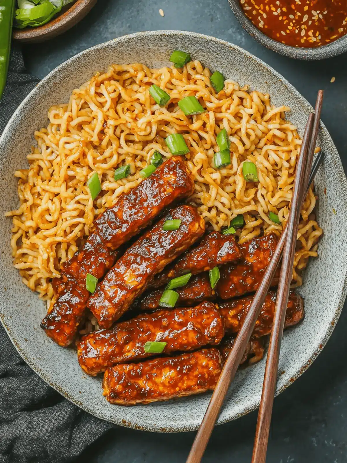 Sweet and Spicy Tempeh with Garlic Curry Noodles