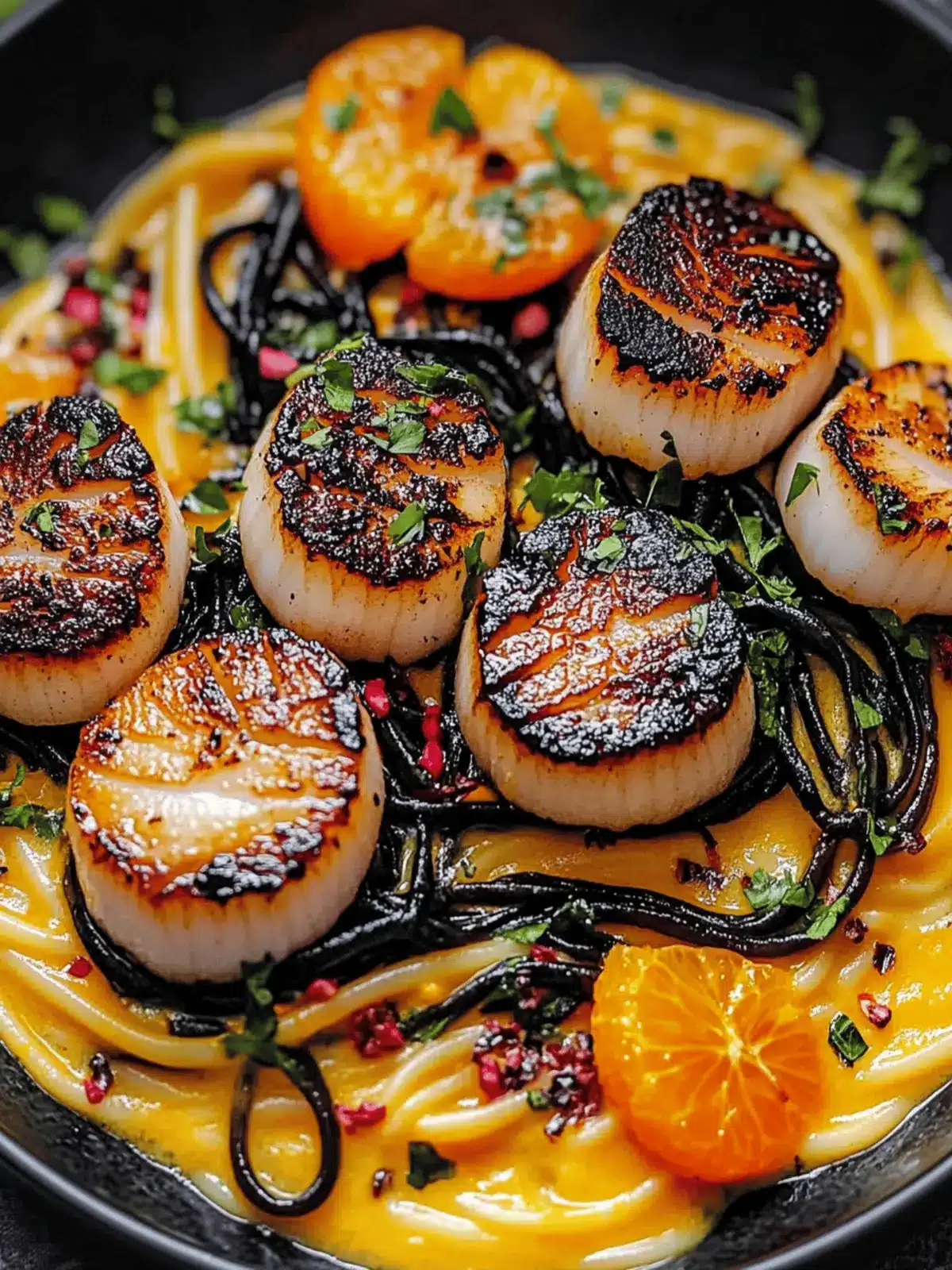 Black Linguine with Seared Scallops and Pumpkin-Orange Saffron Sauce