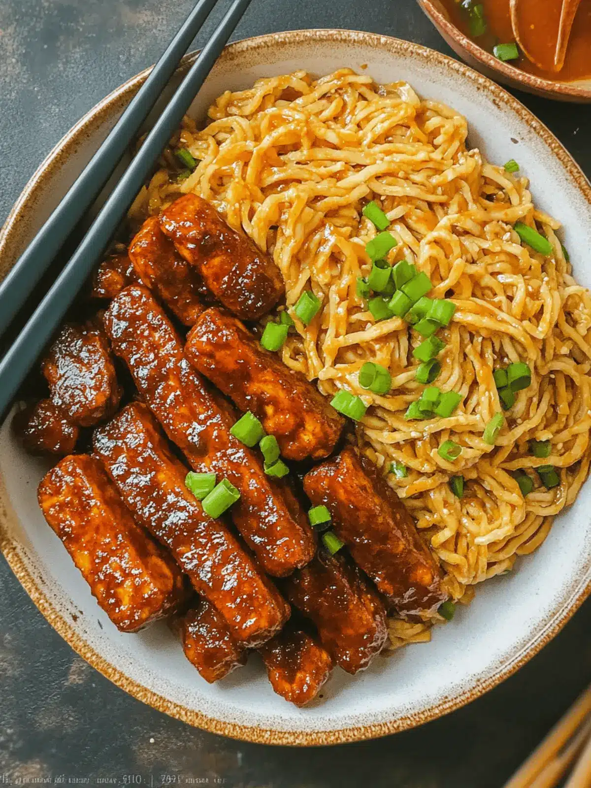 Sweet and Spicy Tempeh with Garlic Curry Noodles
