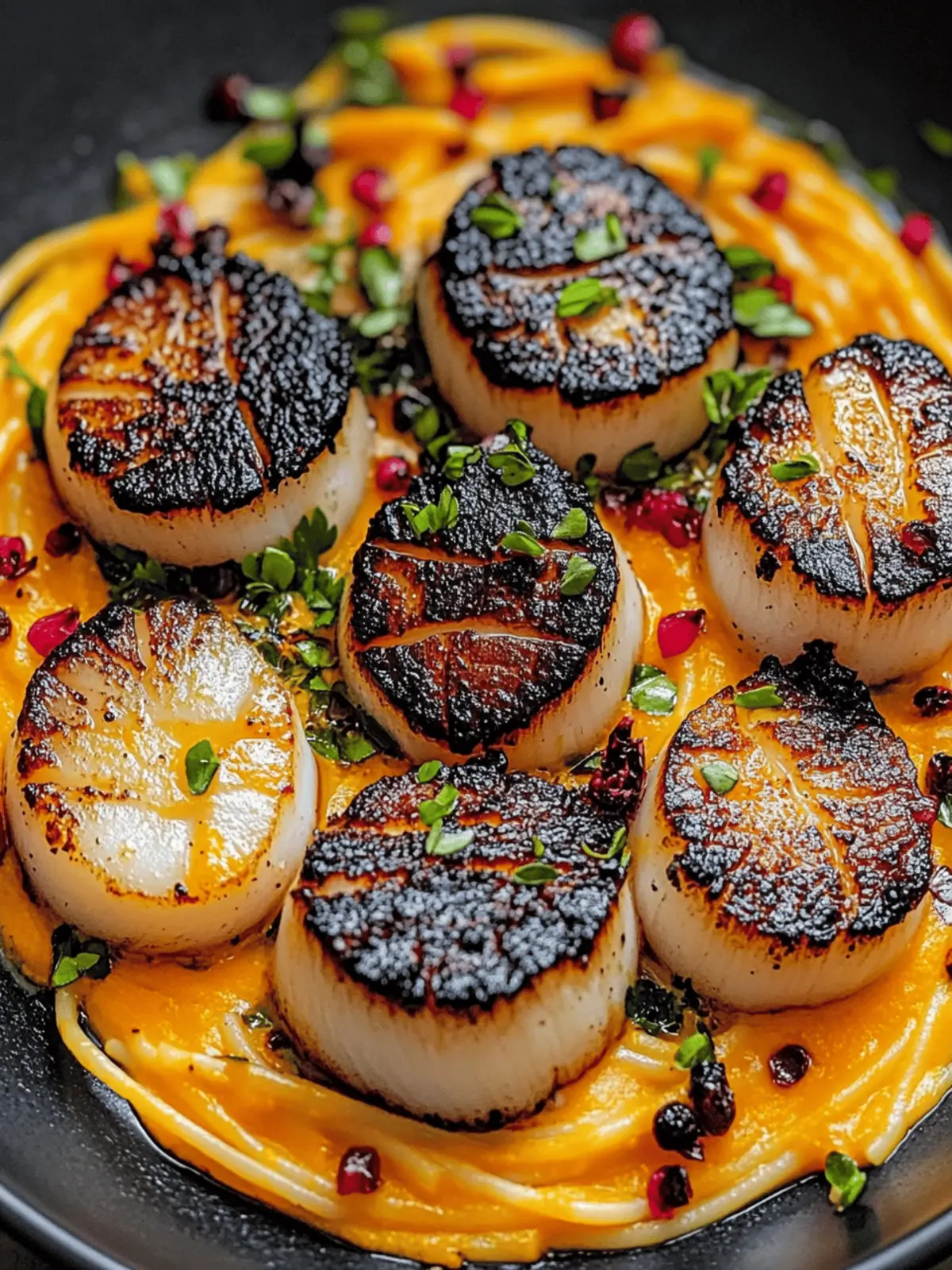 Black Linguine with Seared Scallops and Pumpkin-Orange Saffron Sauce