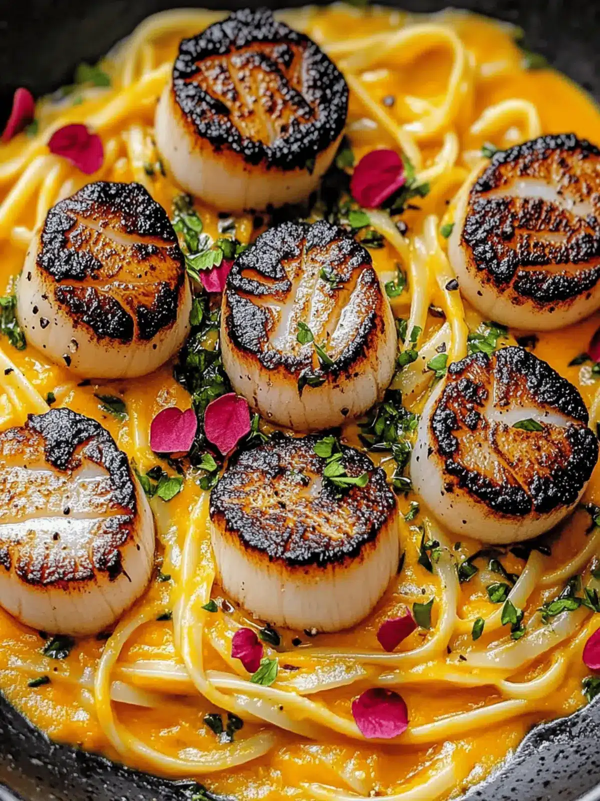 Black Linguine with Seared Scallops and Pumpkin-Orange Saffron Sauce