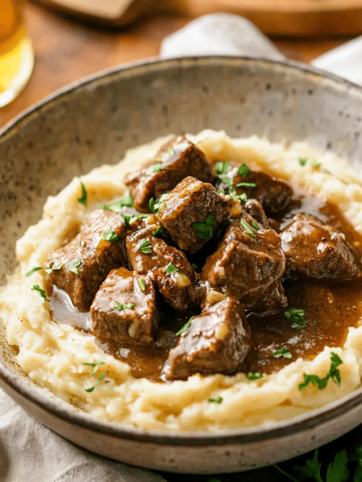 Beef Tips and Gravy Over Cauliflower Mash