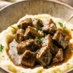Beef Tips and Gravy Over Cauliflower Mash