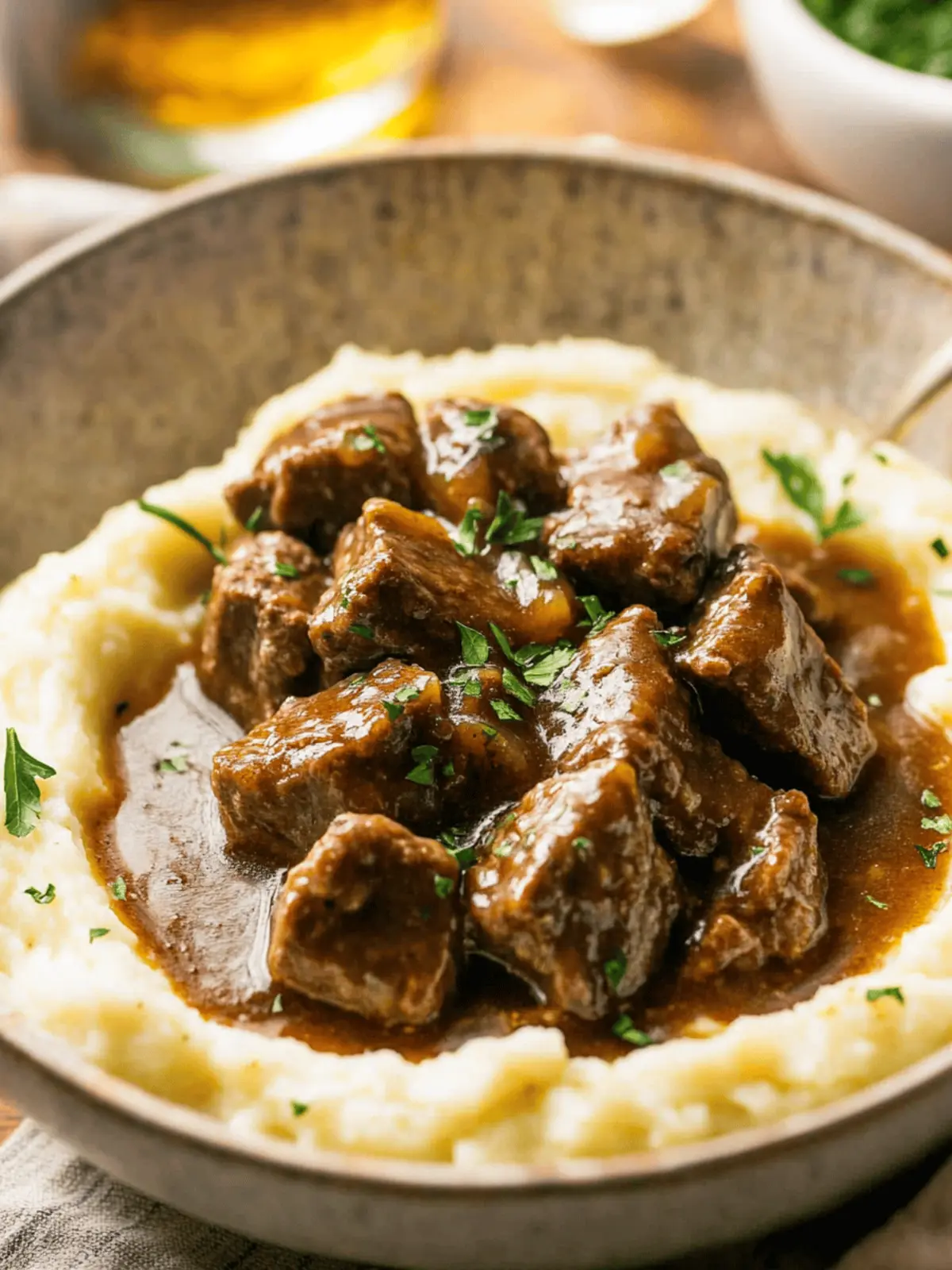 Beef Tips and Gravy Over Cauliflower Mash