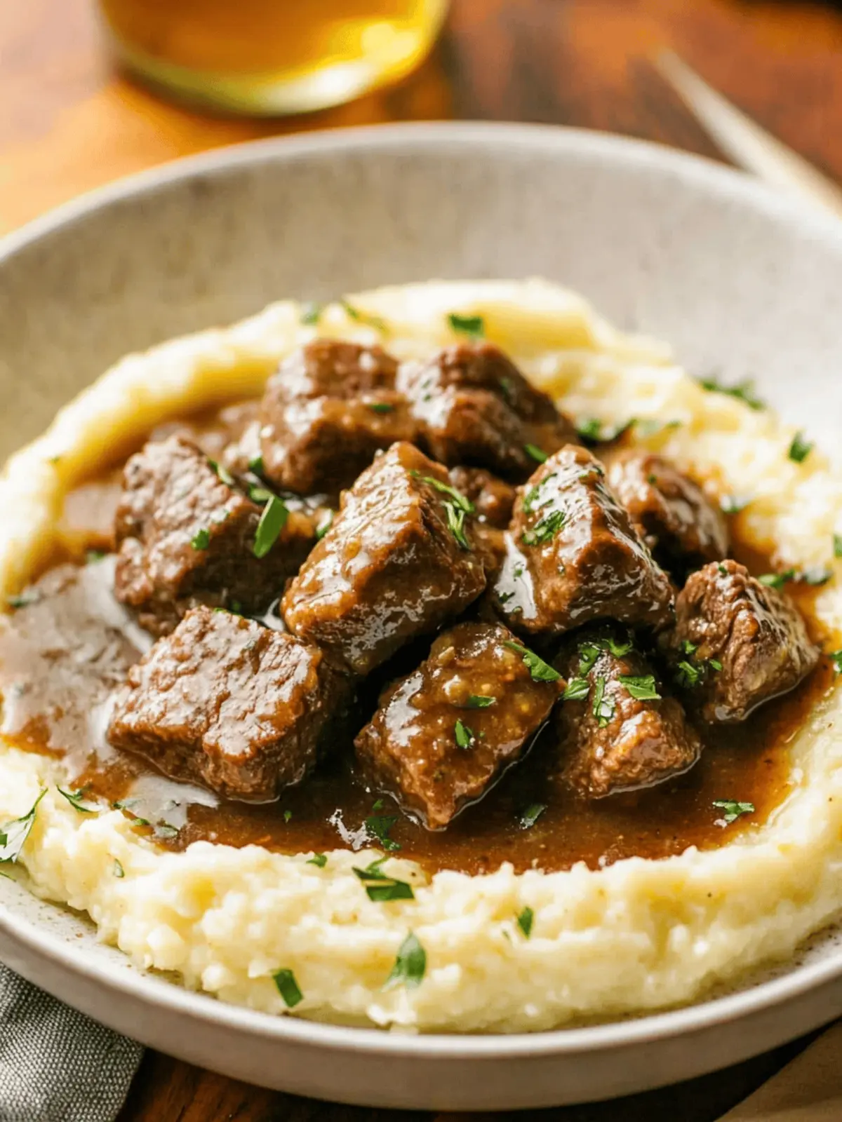 Beef Tips and Gravy Over Cauliflower Mash