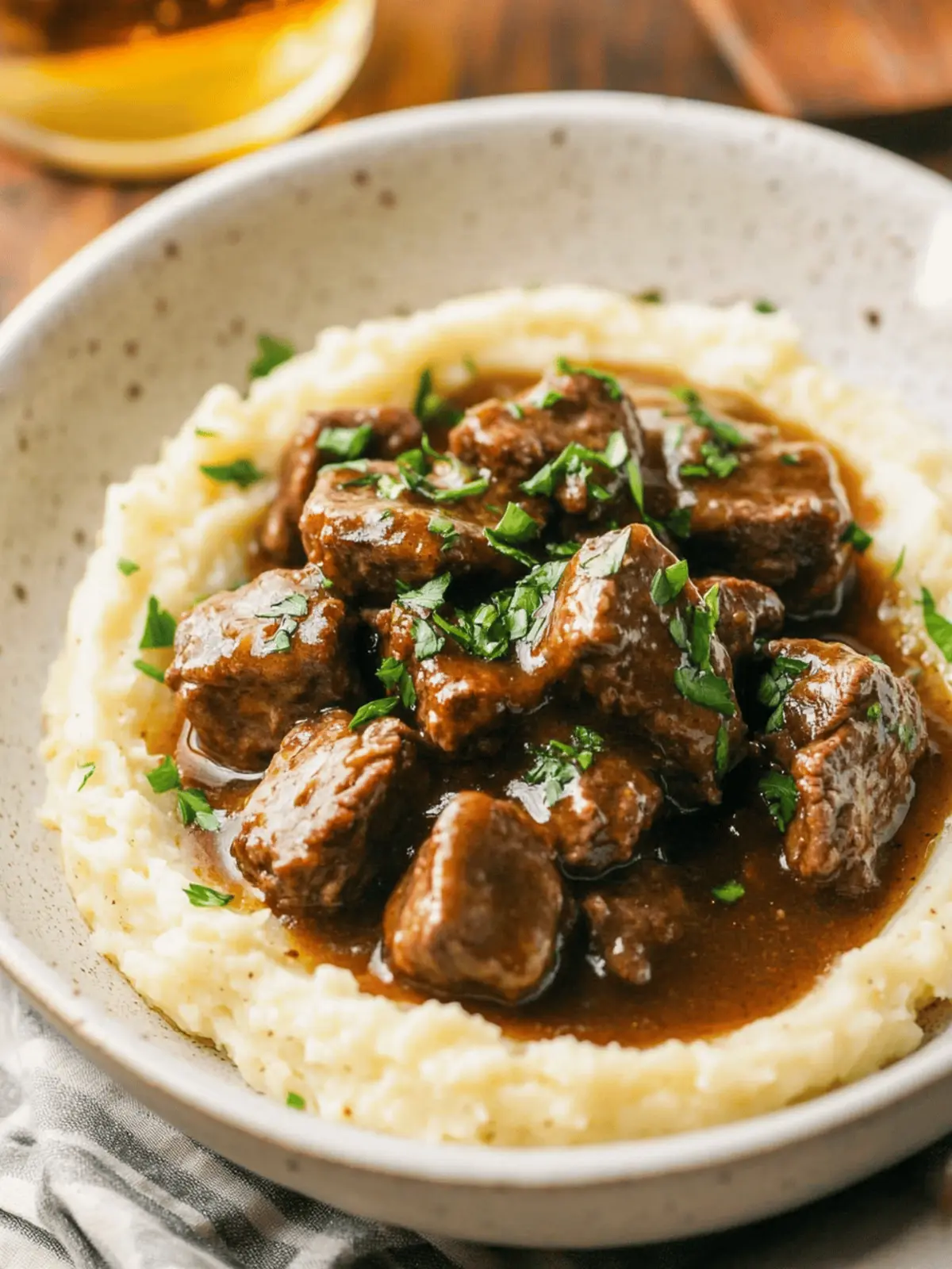 Beef Tips and Gravy Over Cauliflower Mash