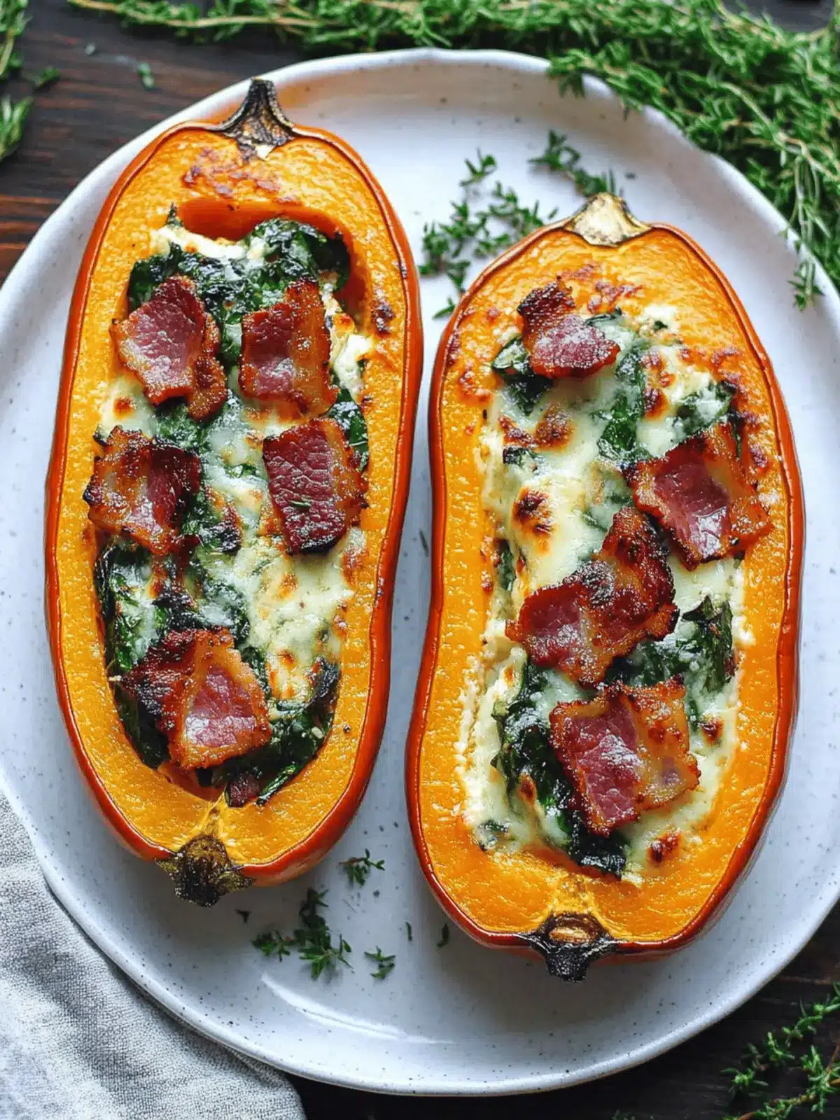 Stuffed Butternut Squash with Spinach, Bacon, and Cheese