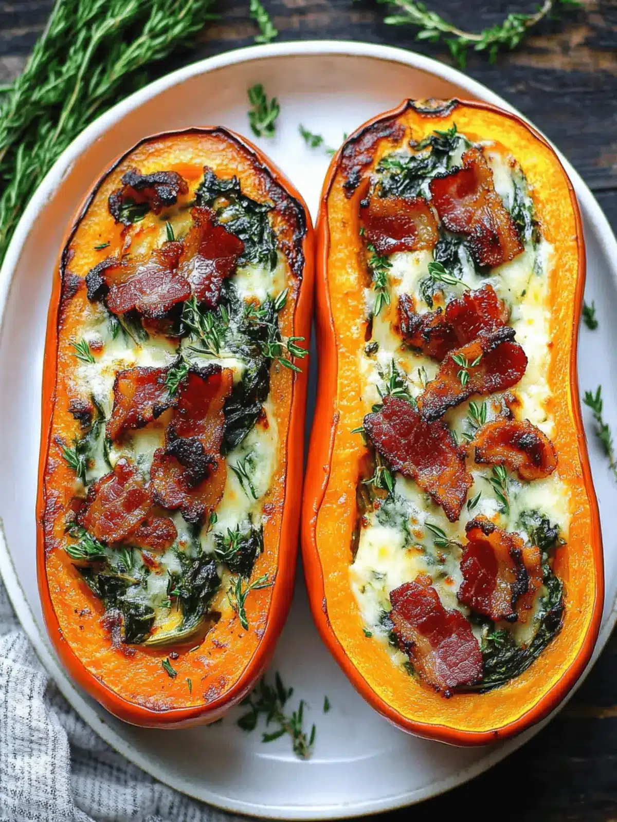 Stuffed Butternut Squash with Spinach, Bacon, and Cheese