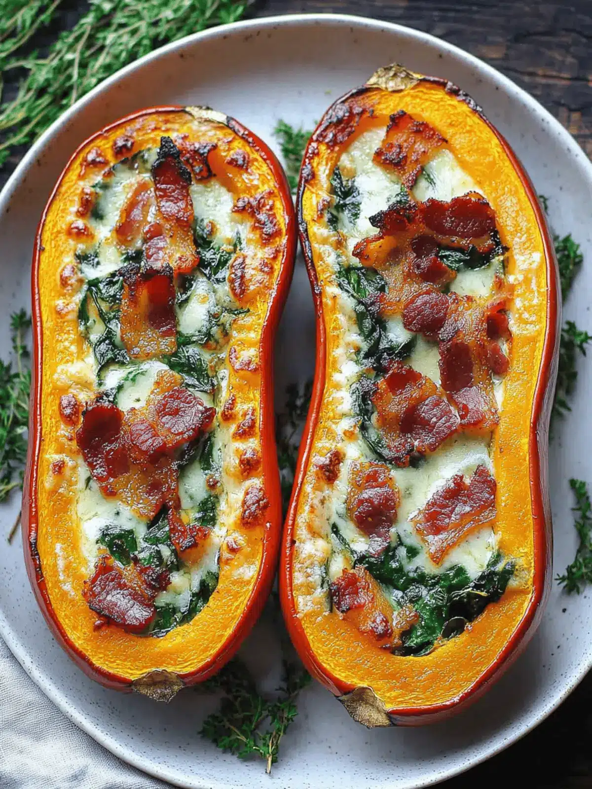 Stuffed Butternut Squash with Spinach, Bacon, and Cheese