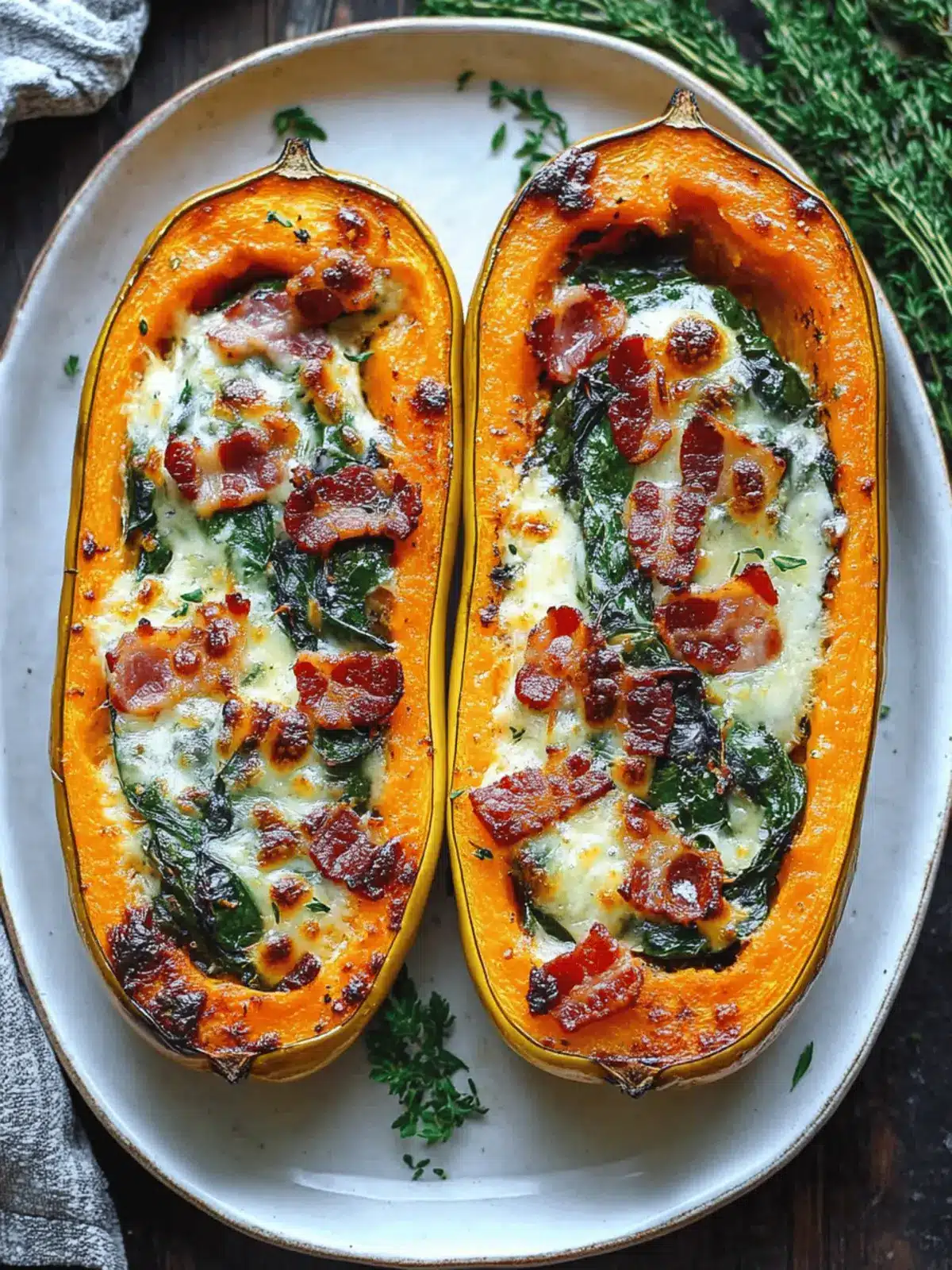 Stuffed Butternut Squash with Spinach, Bacon, and Cheese
