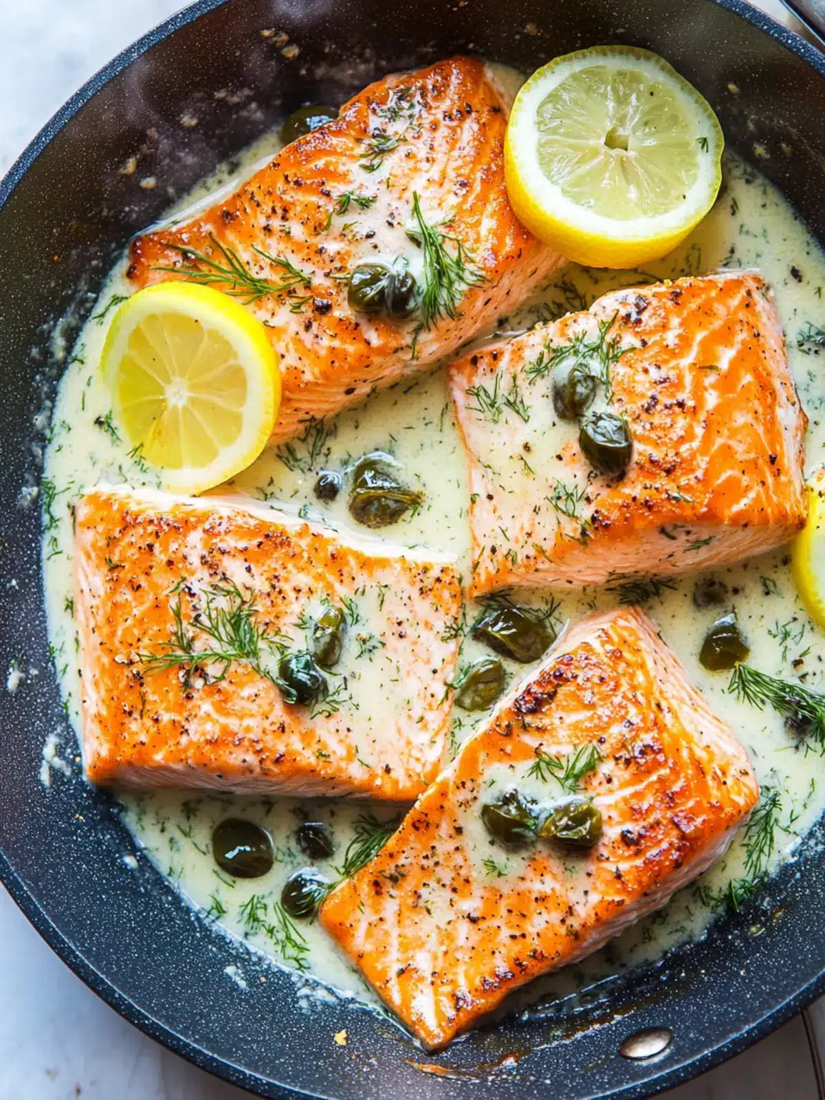 Crispy Skillet Salmon with Lemon Caper Dill Sauce