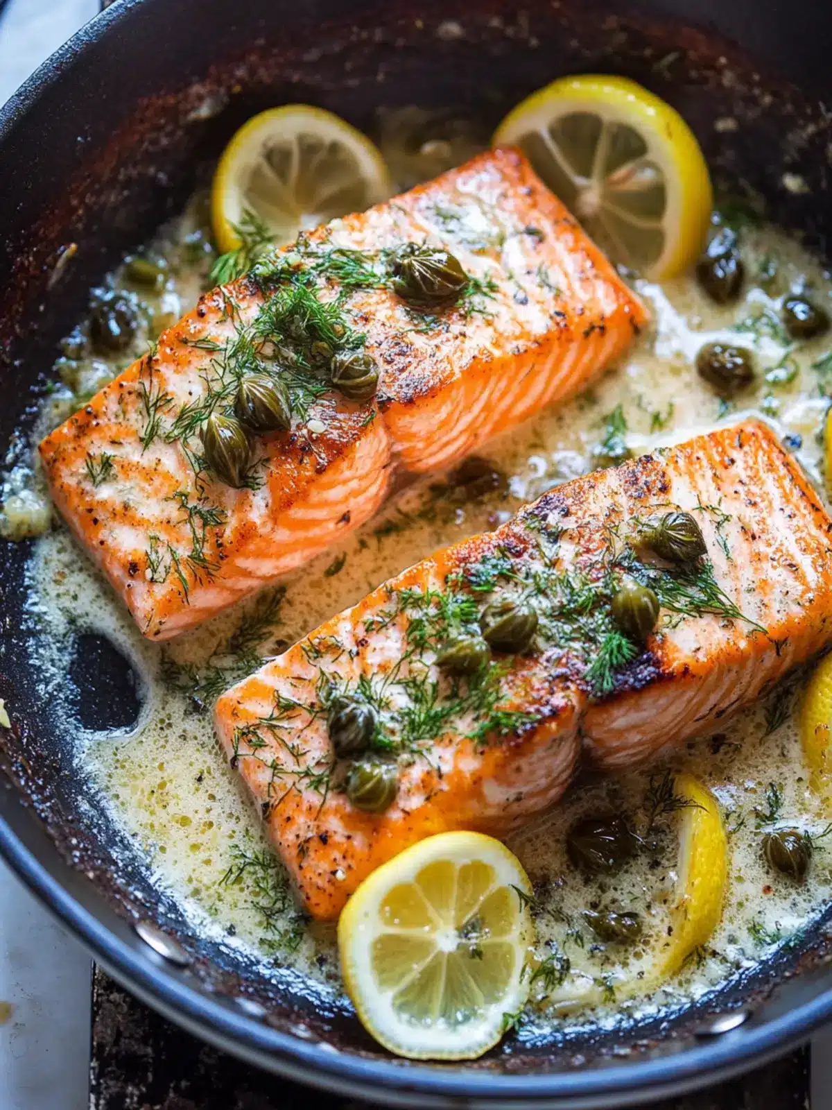 Crispy Skillet Salmon with Lemon Caper Dill Sauce