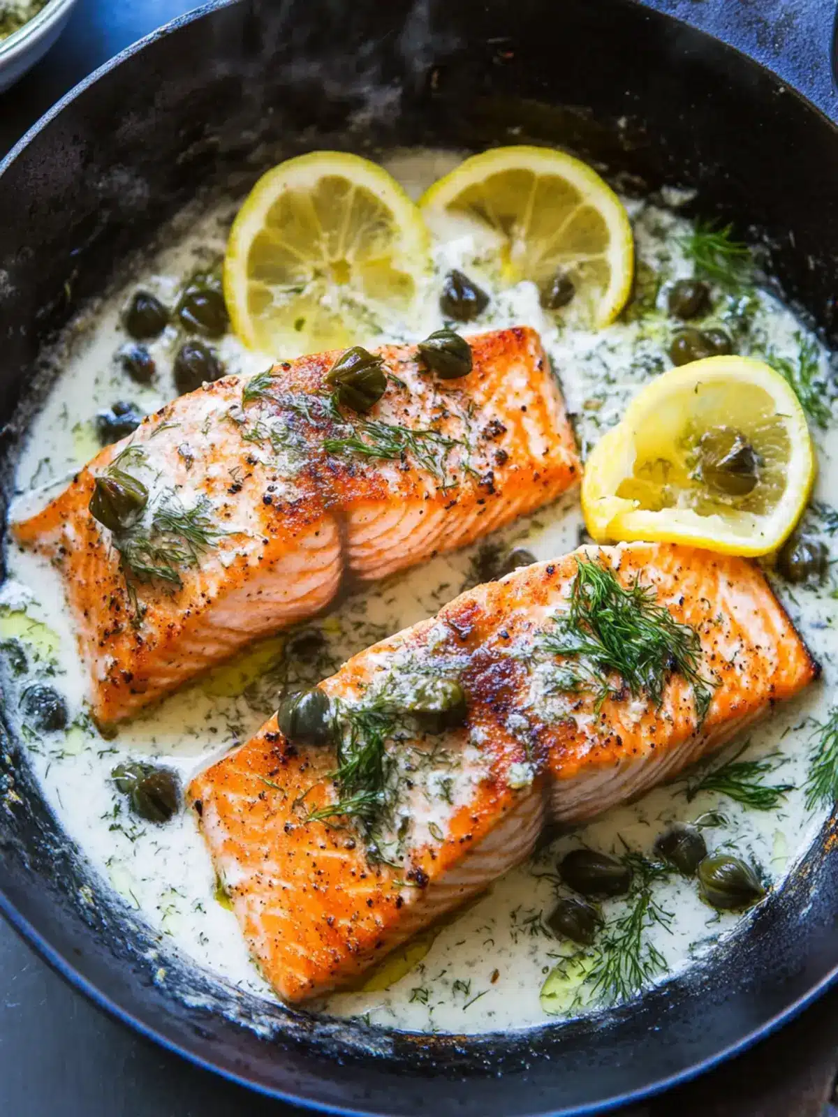 Crispy Skillet Salmon with Lemon Caper Dill Sauce