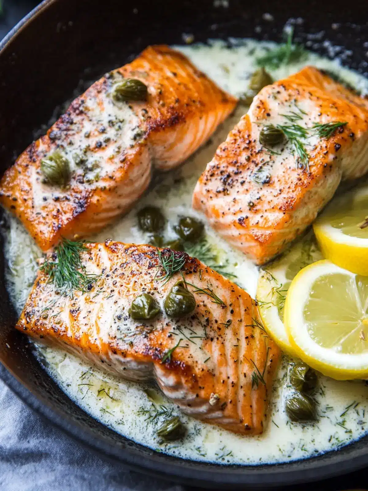 Crispy Skillet Salmon with Lemon Caper Dill Sauce