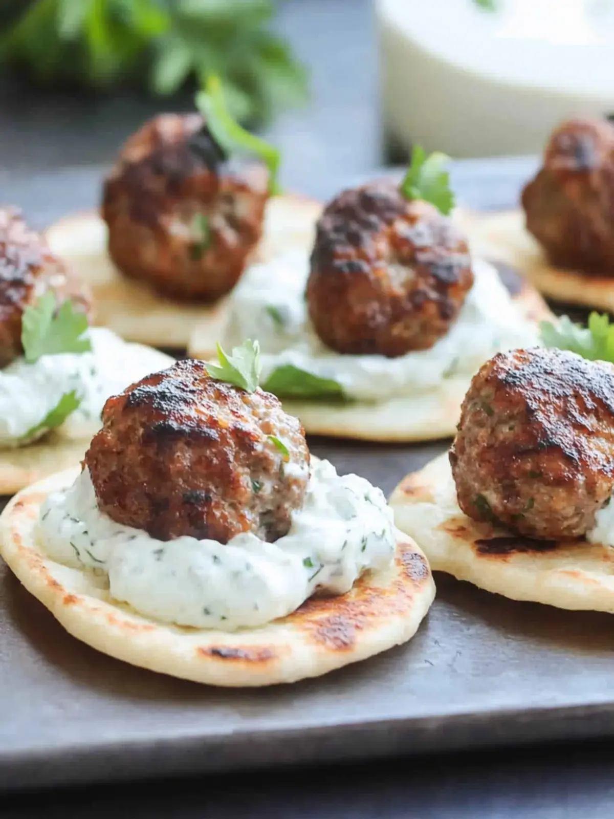 Mini Greek Meatball Bites with Tzatziki on Pita Bliss Mini Greek Meatball Bites with Tzatziki on Pita