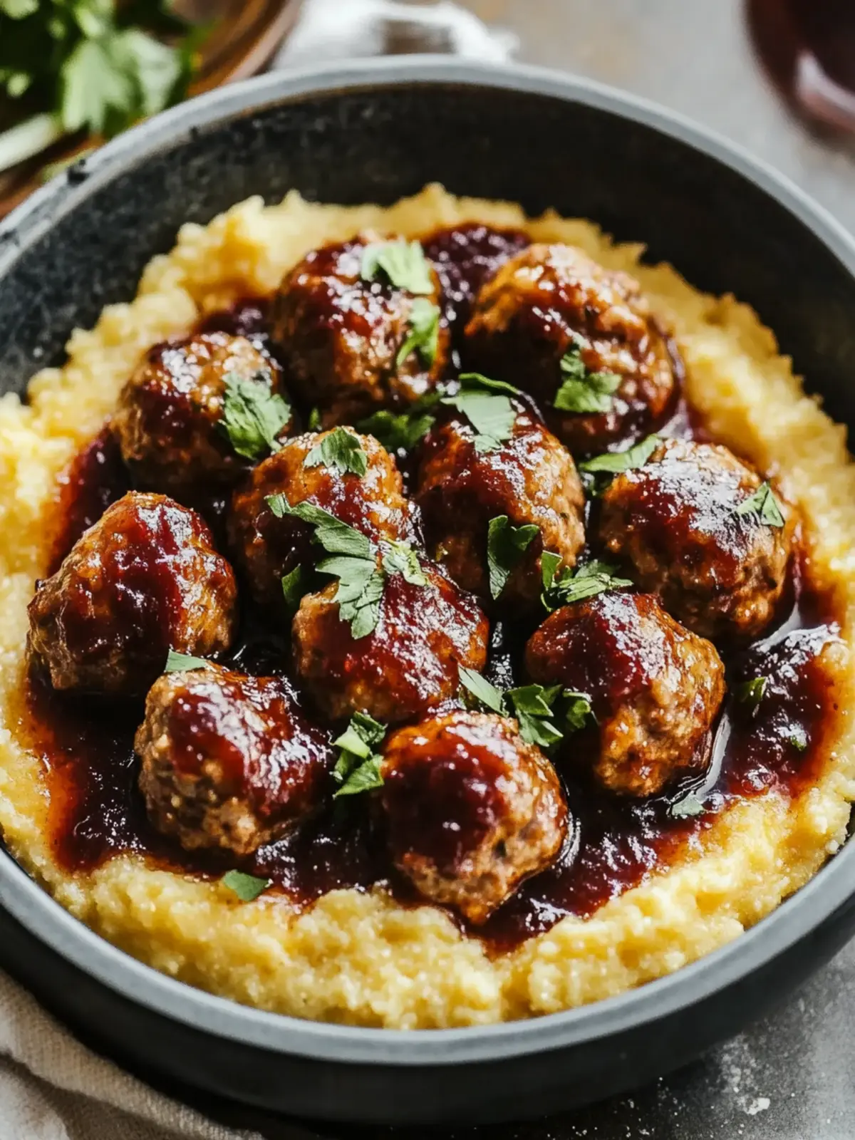Red Wine Braised Meatballs on Creamy Polenta