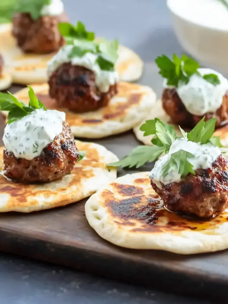 Mini Greek Meatball Bites with Tzatziki on Pita