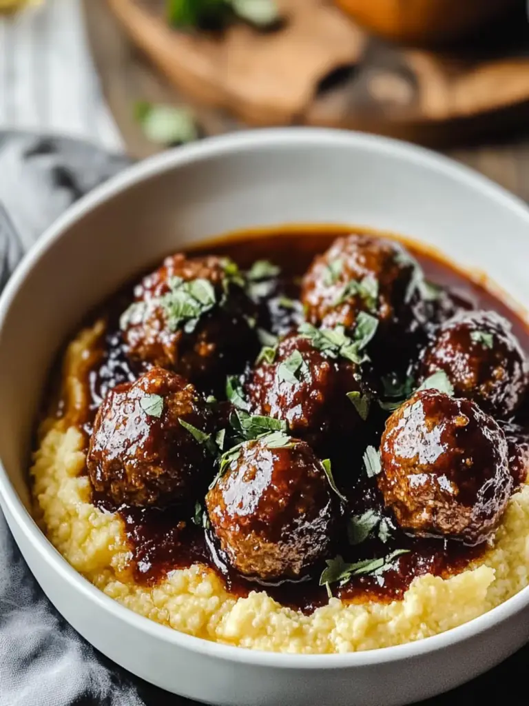 Red Wine Braised Meatballs on Creamy Polenta