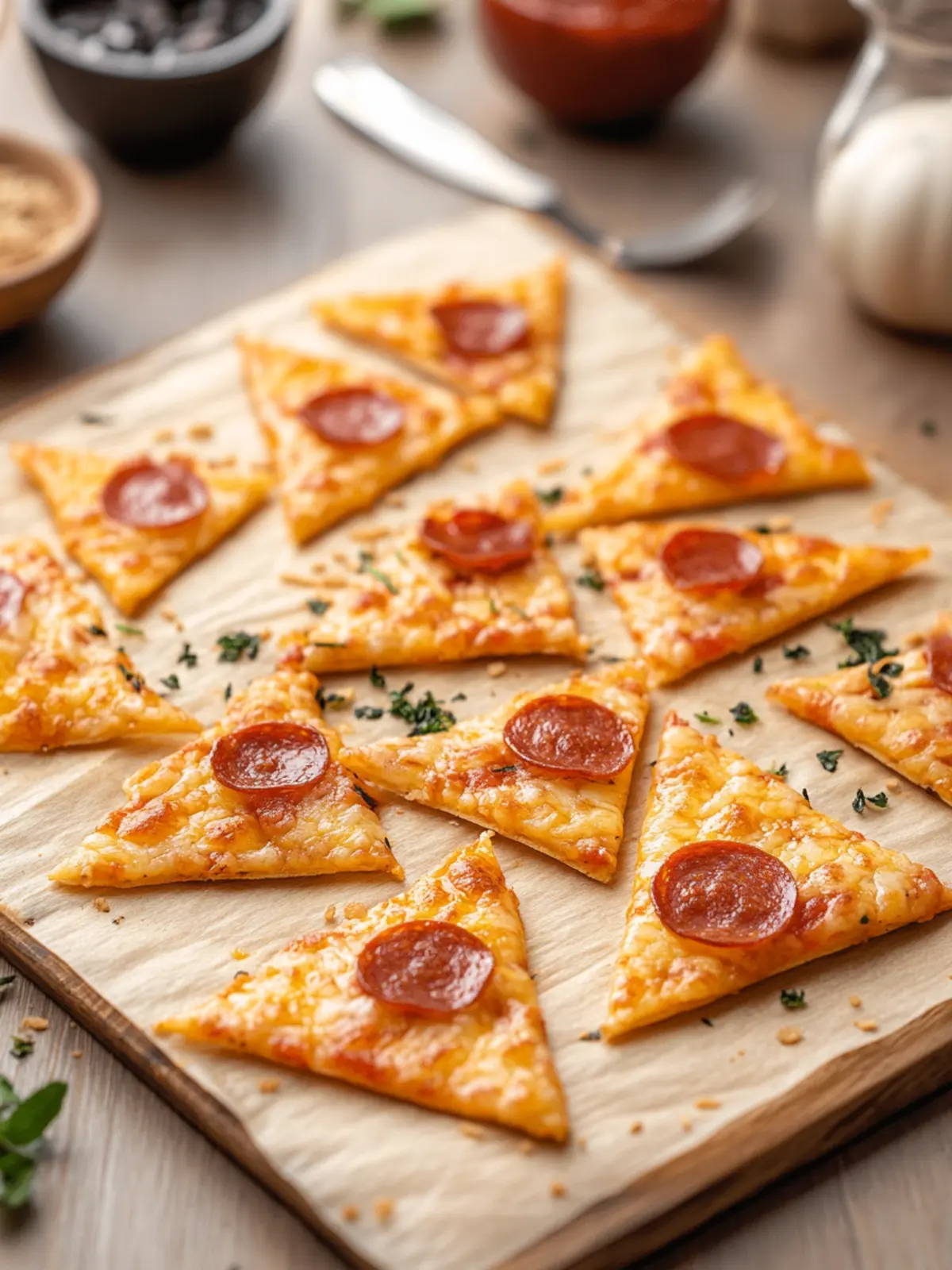 Crispy Pizza Chips With Cheese & Toppings