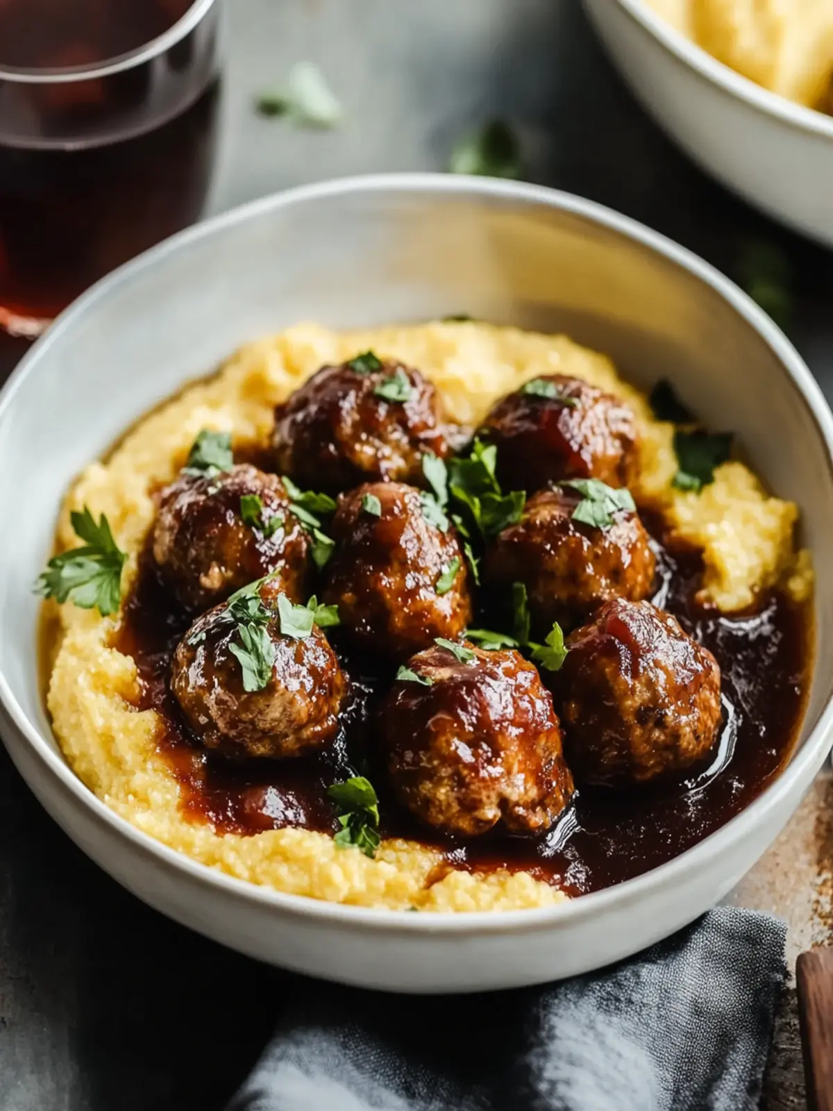 Red Wine Braised Meatballs on Creamy Polenta