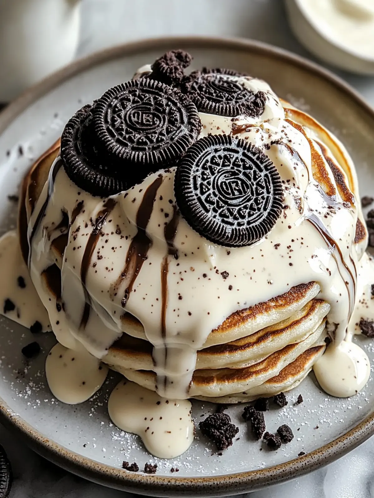 Oreo Pancakes with Cream Cheese Drizzle