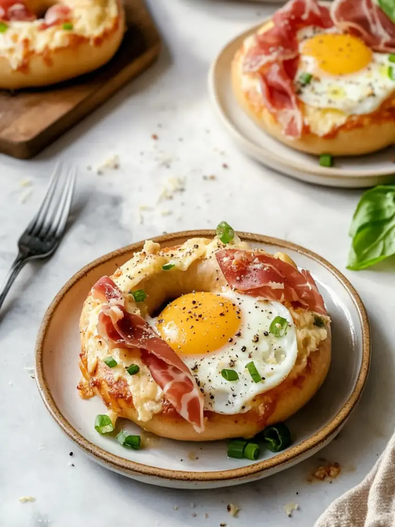 Egg in a Bagel Hole with Cheese & Prosciutto