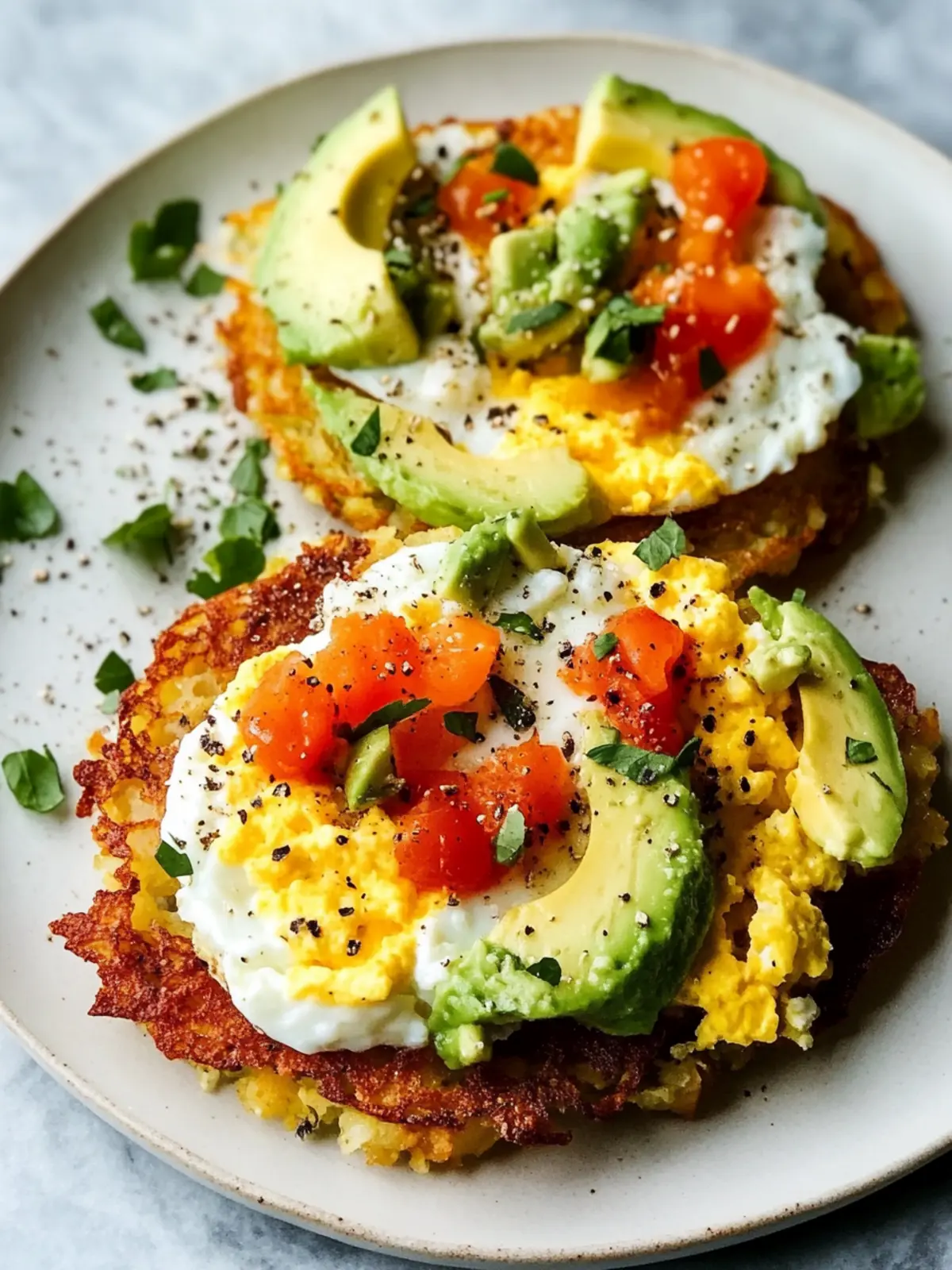 Loaded Hash Browns with Scrambled Eggs, Avocado, and Cottage Cheese