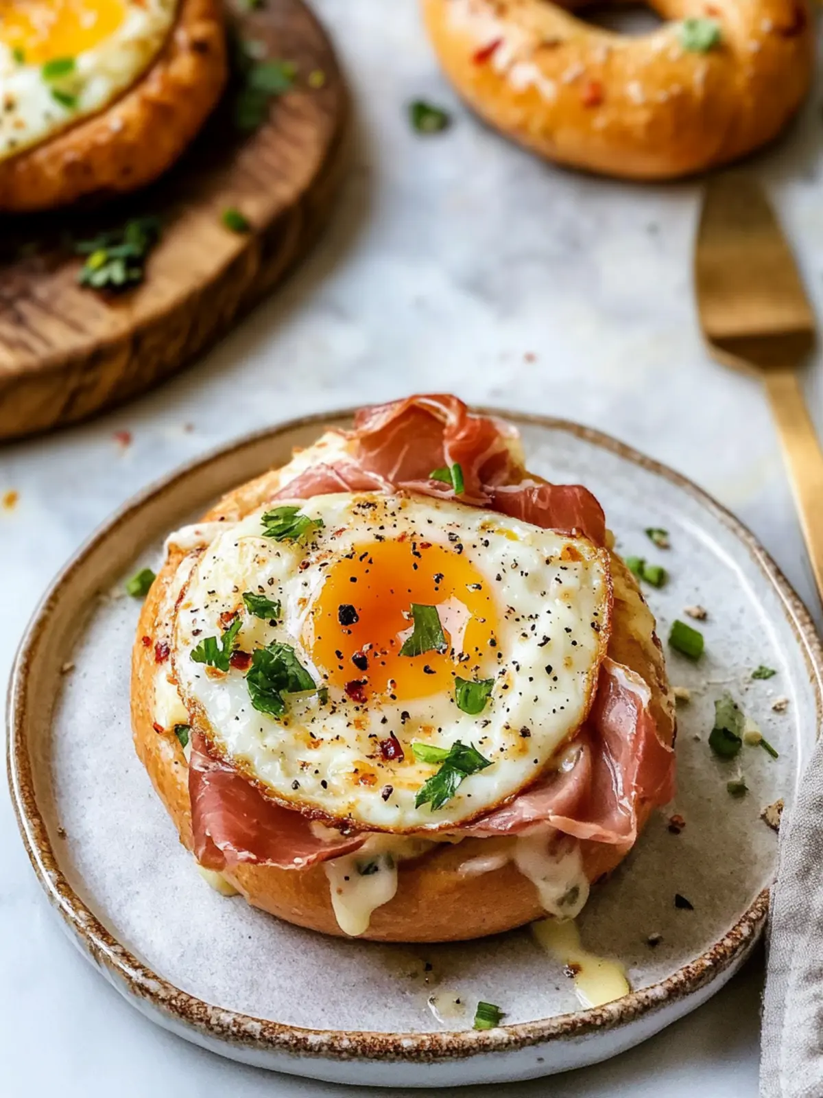 Egg in a Bagel Hole with Cheese & Prosciutto