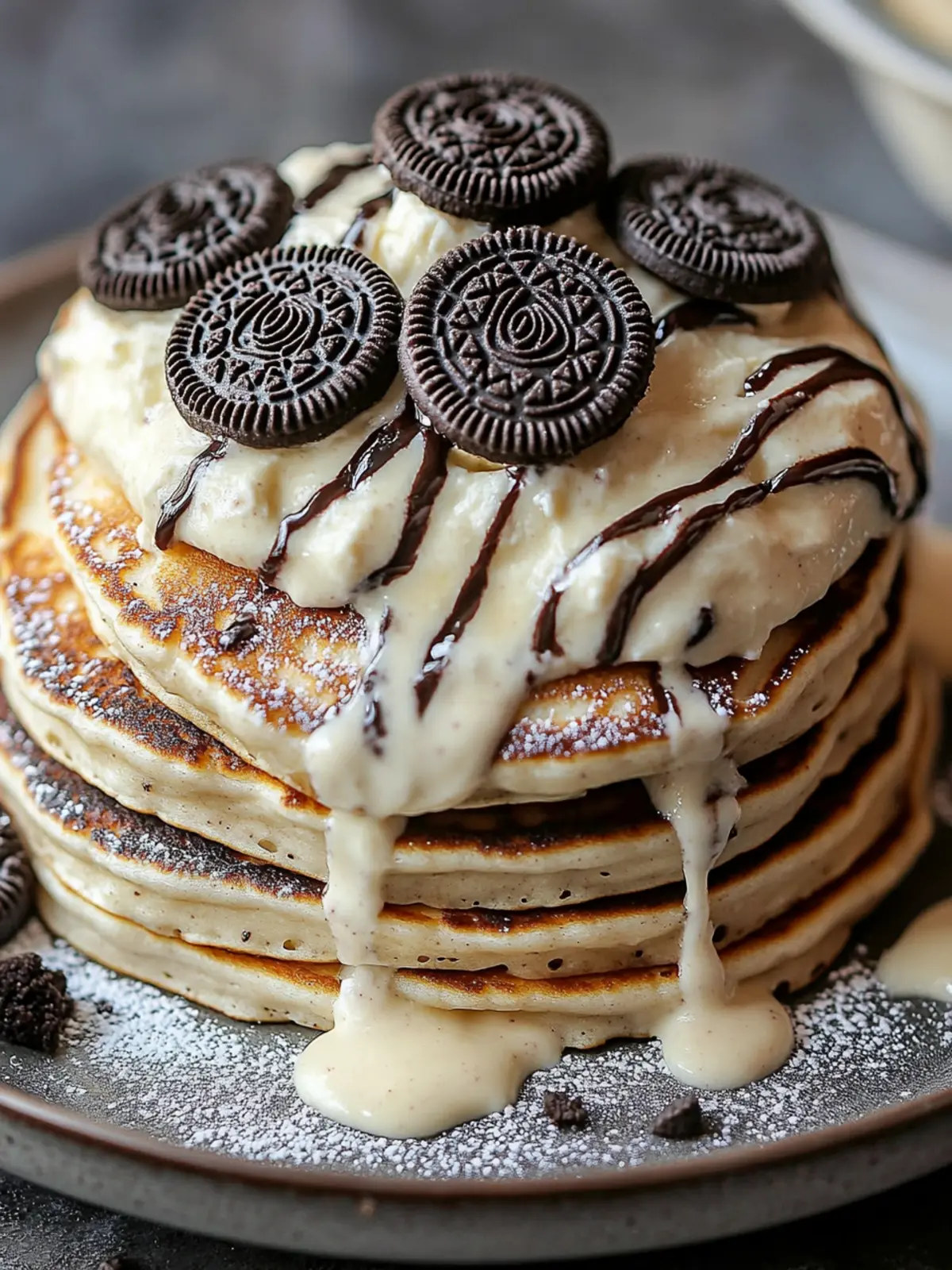 Oreo Pancakes with Cream Cheese Drizzle