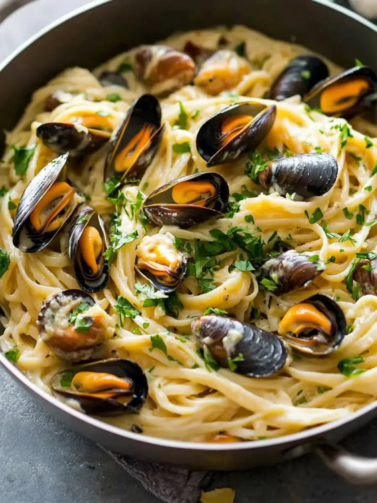 Creamy Garlic Mussels and Spaghetti