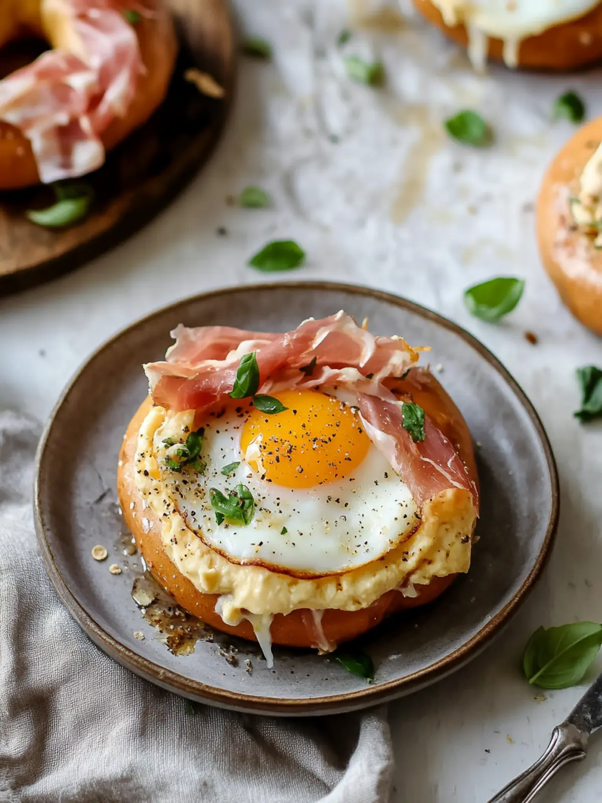 Egg in a Bagel Hole with Cheese & Prosciutto