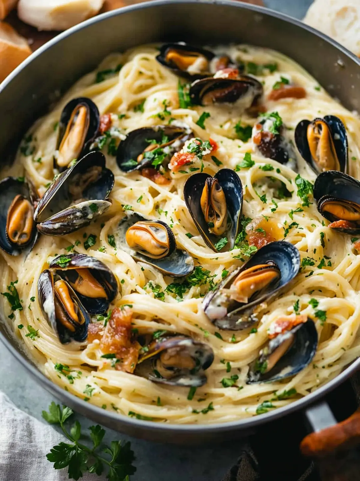 Creamy Garlic Mussels and Spaghetti