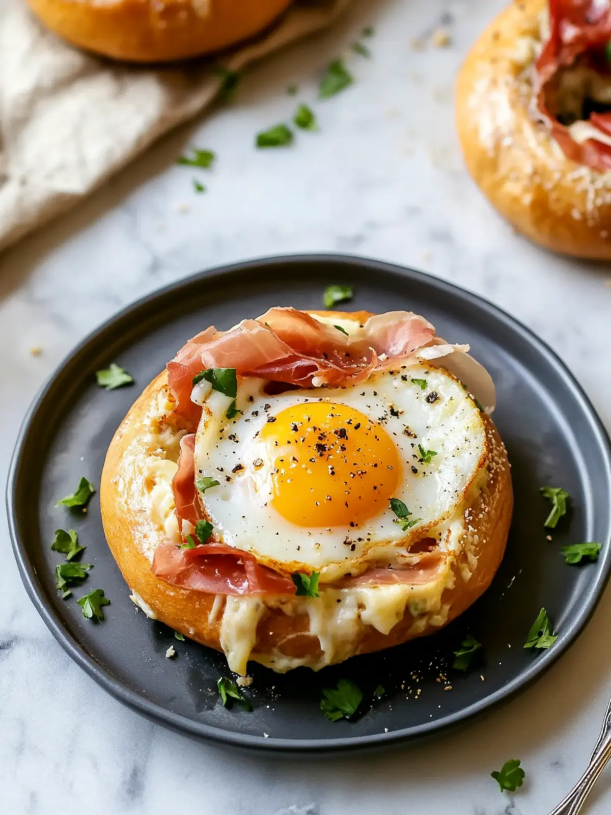 Egg in a Bagel Hole with Cheese & Prosciutto