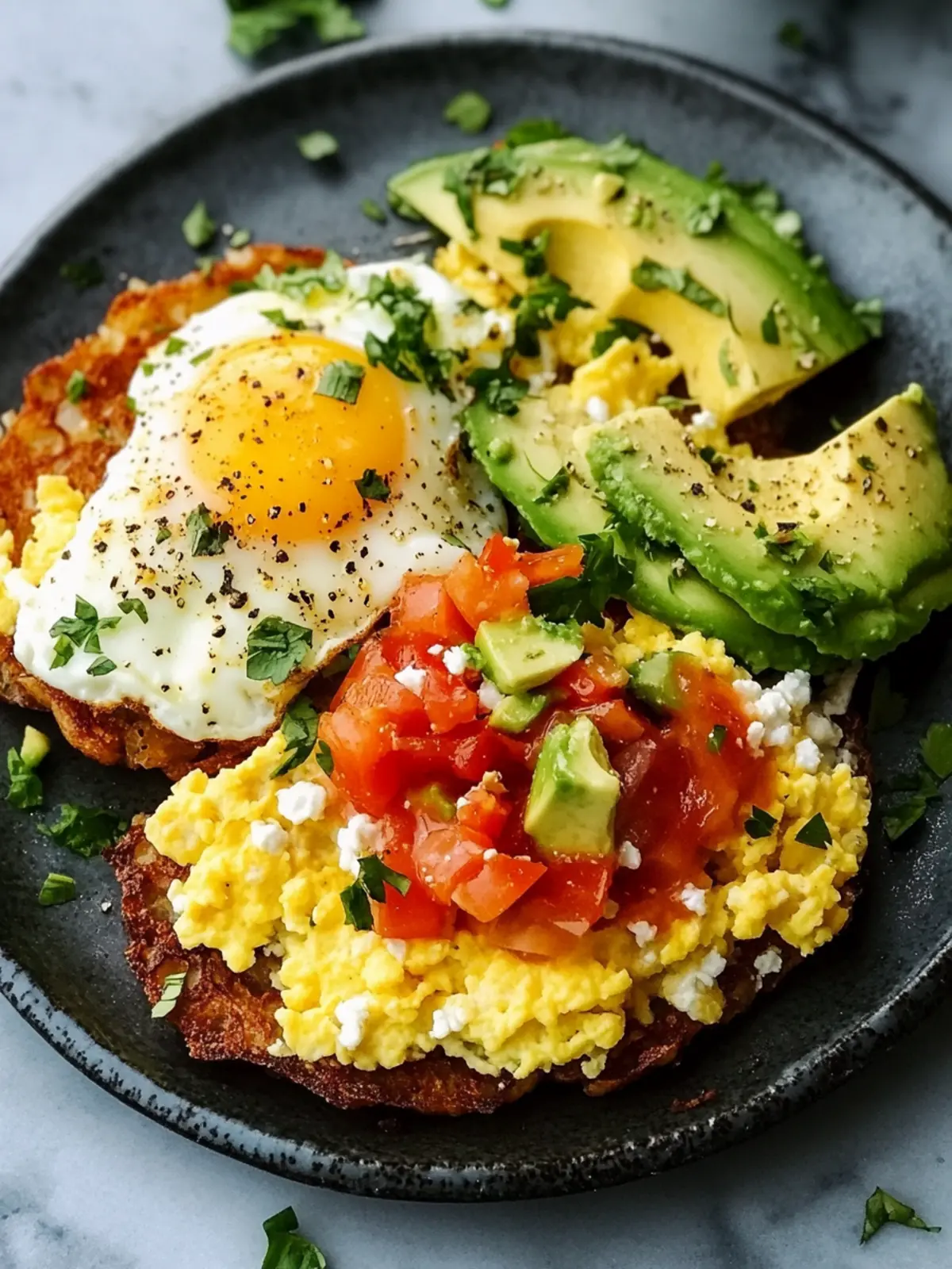 Loaded Hash Browns with Scrambled Eggs, Avocado, and Cottage Cheese