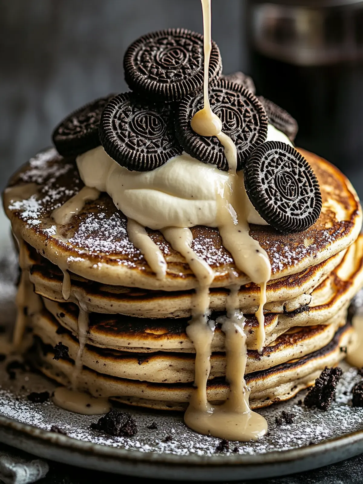 Oreo Pancakes with Cream Cheese Drizzle