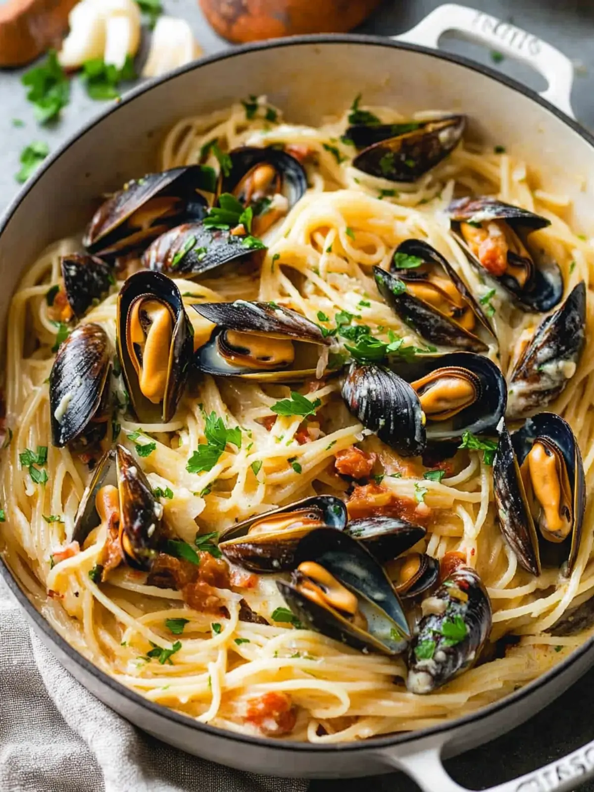 Creamy Garlic Mussels and Spaghetti