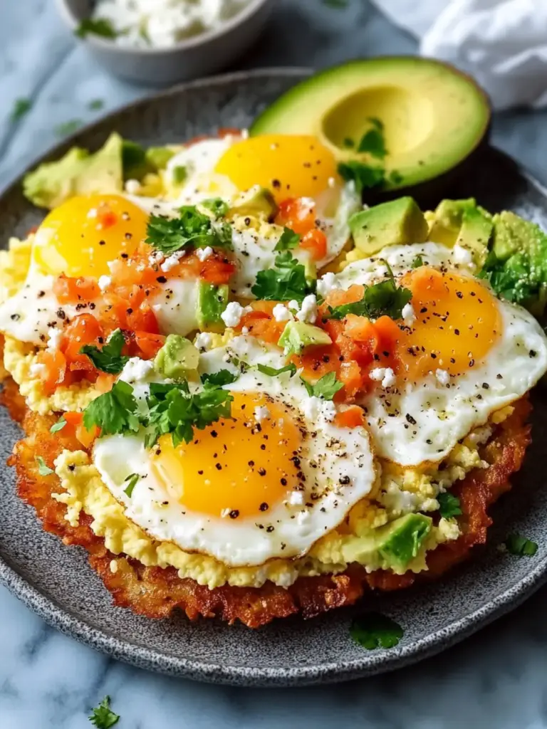 Loaded Hash Browns with Scrambled Eggs, Avocado, and Cottage Cheese