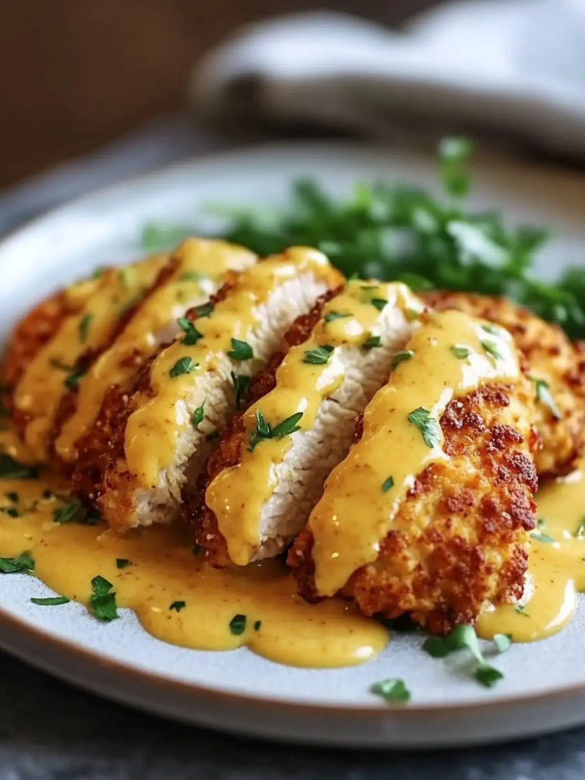 Pretzel Chicken with Mustard-Cheddar Sauce