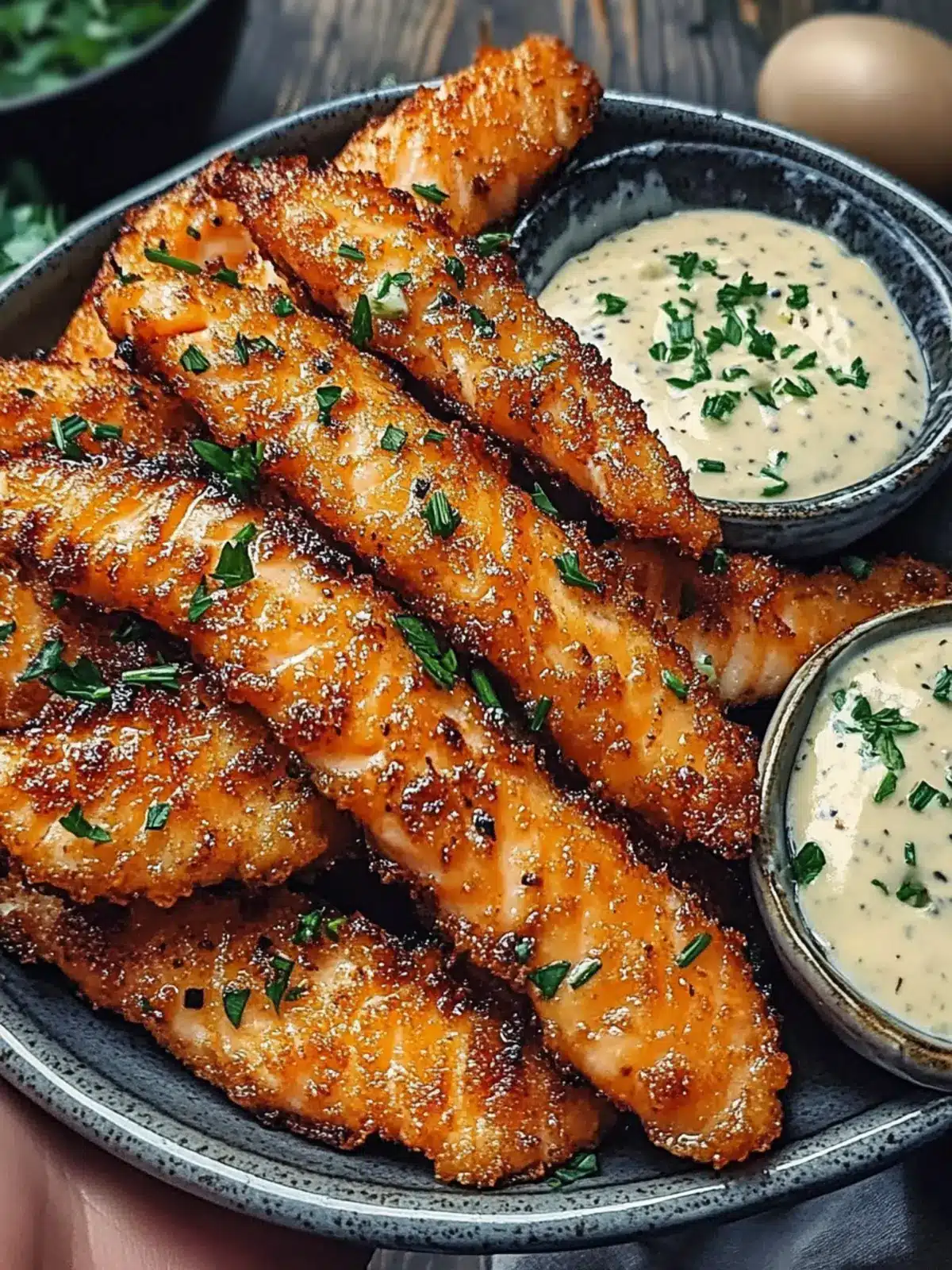 Crispy Salmon Strips with Herb Tartar Dip