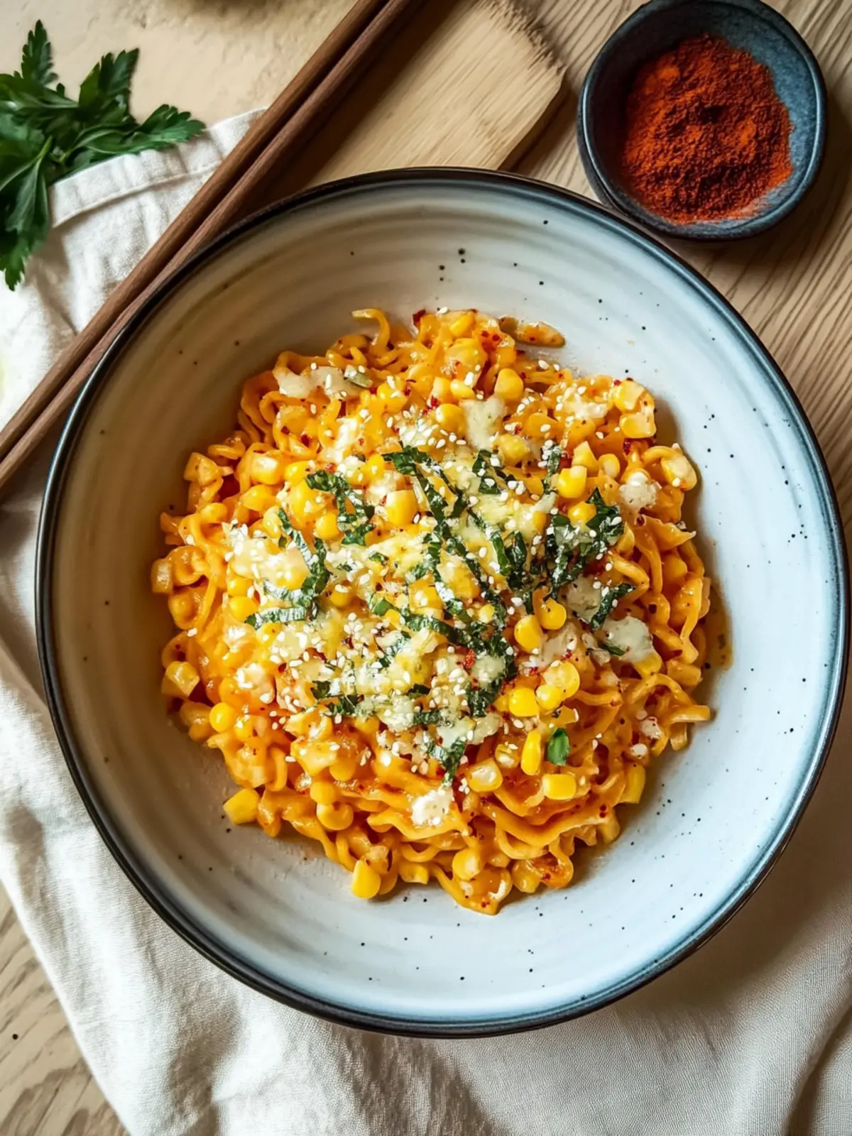 Spicy Noodles With Korean Corn Cheese