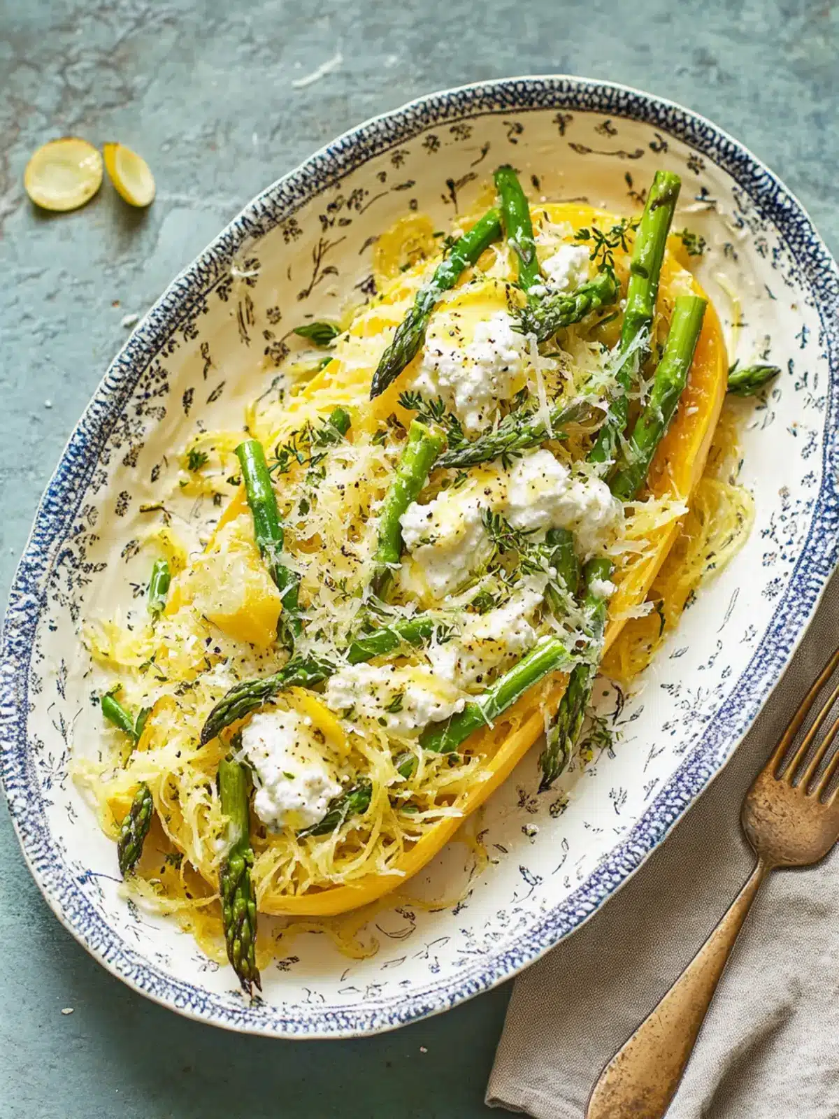 Delicious Spaghetti Squash with Asparagus, Ricotta, Lemon, Thyme Spaghetti Squash with Asparagus, Ricotta, Lemon, and Thyme