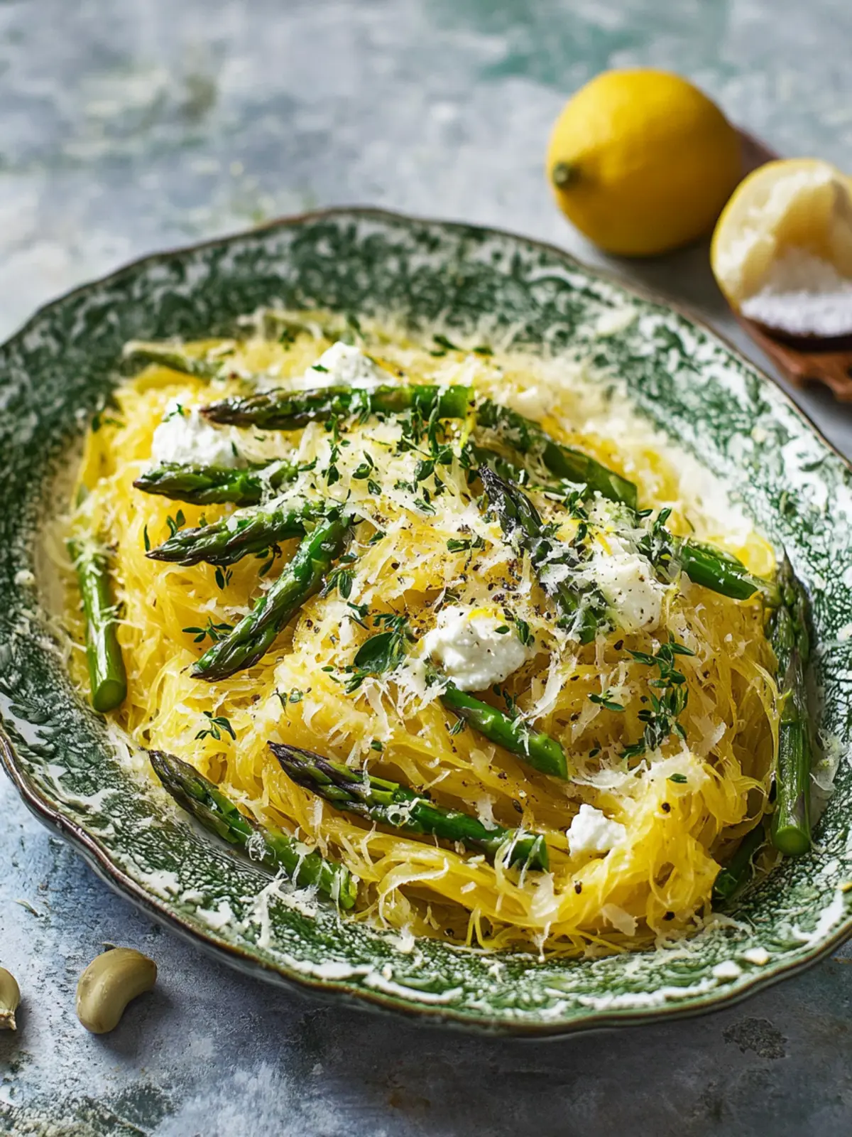 Delicious Spaghetti Squash with Asparagus, Ricotta, Lemon, Thyme Spaghetti Squash with Asparagus, Ricotta, Lemon, and Thyme