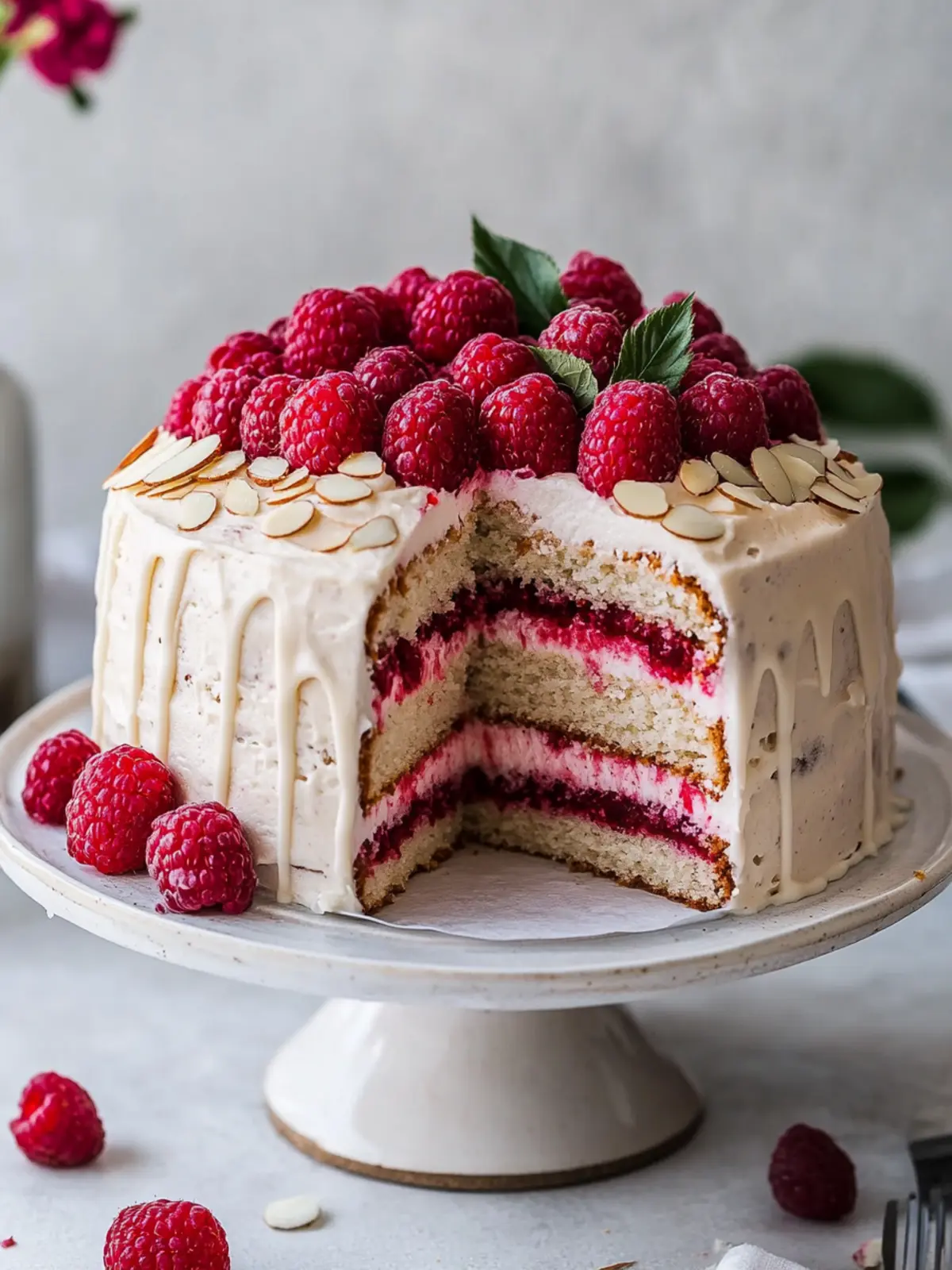 Mouthwatering Almond Raspberry Cake with Vegan Cream Frosting Almond Raspberry Cake